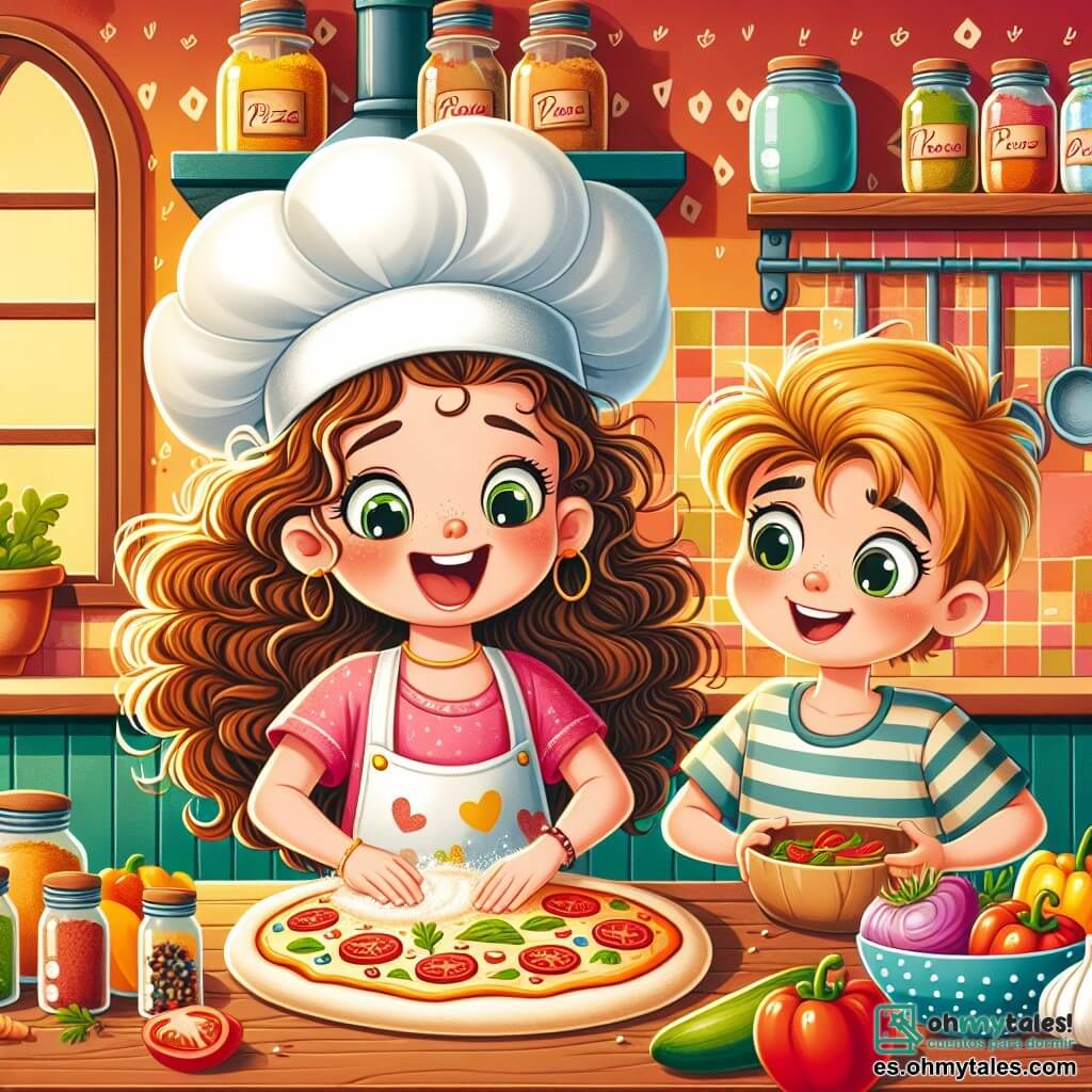 Une illustration sous forme de dessin destinée aux enfants représentant une cuisine colorée et animée, avec des murs peints en jaune et des étagères remplies de pots d'épices, où une jeune fille aux cheveux bruns et bouclés, portant un grand tablier coloré et un petit chapeau de chef en papier, est en train de pétrir une pâte à pizza avec enthousiasme, tandis qu'un garçon aux cheveux blonds et courts, vêtu d'un t-shirt rayé, l'observe avec admiration en tenant une assiette pleine de légumes frais, illustrant leur collaboration joyeuse pour créer une pizza magique ensemble.