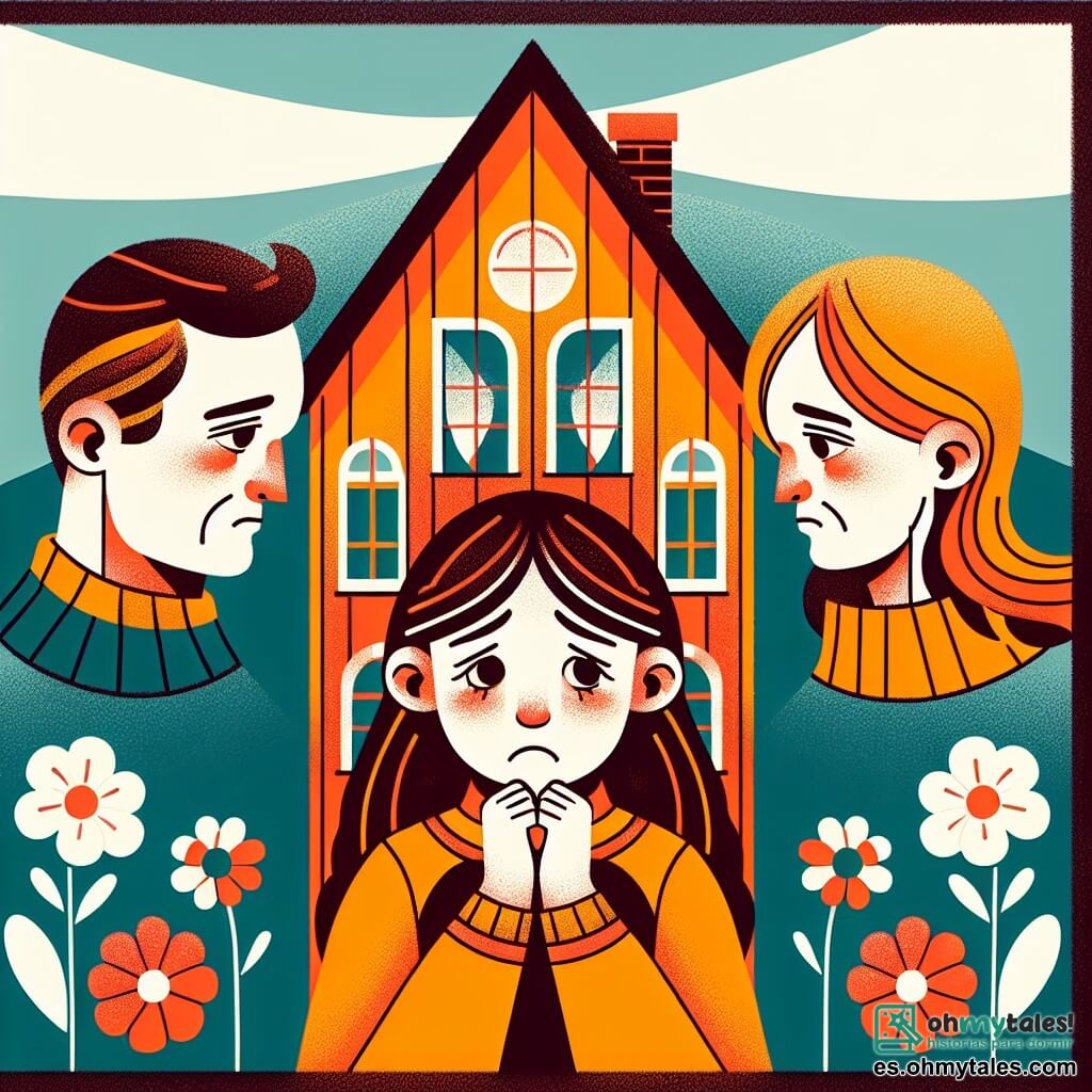 Une illustration destinée aux enfants représentant une fille préoccupée, entourée de ses parents aimants, dans une chaleureuse maison aux murs colorés et aux fenêtres fleuries, évoquant un sentiment de sécurité et de soutien familial.