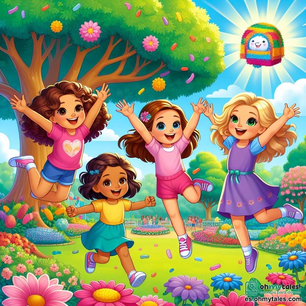 Ilustración que representa un parque soleado, lleno de flores coloridas y árboles majestuosos. En el centro, un gran árbol con ramas extendidas, debajo del cual cuatro niñas se preparan para saltar. Los personajes principales son: - Una niña de 8 años, con cabello rizado y castaño, que lleva una camiseta rosa y un short azul, sonriendo con emoción, lista para saltar. - Otra niña de 9 años, con cabello largo y rubio, vestida con un vestido amarillo, que levanta los brazos al aire, llena de energía. - Una niña de 7 años, con cabello castaño y una pequeña trenza, vestida con una camiseta verde, que mira hacia el cielo con ojos brillantes de entusiasmo. - La última niña, de 8 años, con cabello lacio y negro, que lleva una camiseta morada, preparándose para saltar con determinación. La situación principal muestra a las cuatro amigas saltando juntas, con expresiones de alegría y emoción en sus rostros, mientras intentan atrapar una piñata colorida que flota sobre ellas. Confetis y caramelos caen a su alrededor, añadiendo un toque festivo a la escena. El cielo es azul con algunas nubes blancas, y pájaros vuelan alegremente en el fondo.