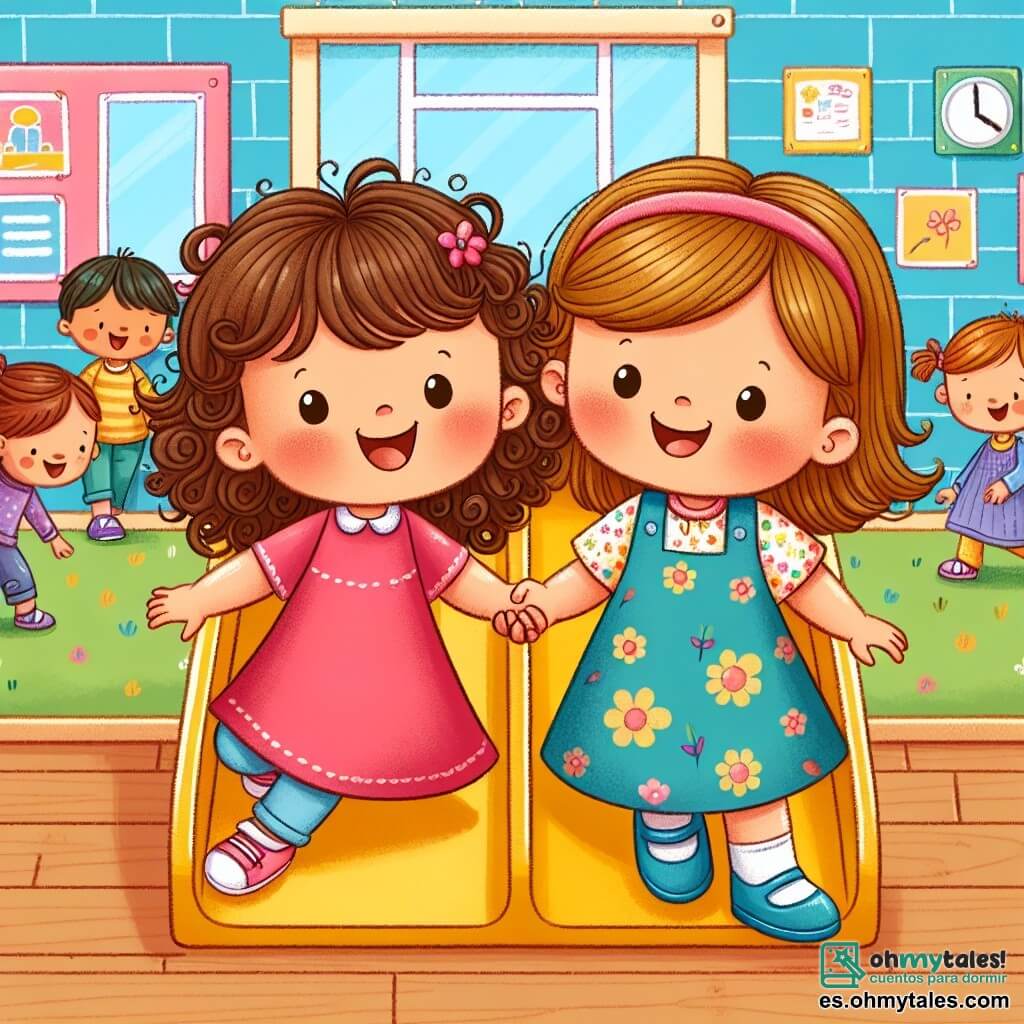 Une illustration sous forme de dessin destinée aux enfants représentant une salle de classe colorée avec des murs peints en bleu et jaune, où une petite fille de 3 ans aux cheveux bruns et bouclés, portant une robe rose, sourit joyeusement en tenant la main d'une nouvelle camarade, une autre petite fille aux cheveux blonds et lisses, vêtue d'une blouse à fleurs, alors qu'elles s'apprêtent à glisser ensemble sur un toboggan en bois dans le coin du patio, entourées de camarades de classe qui jouent et rient, créant une atmosphère de camaraderie et de joie.
