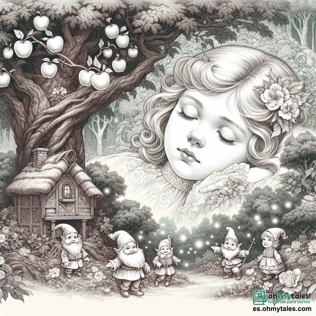 Une illustration destinée aux enfants représentant une jeune fille au teint de porcelaine, endormie sous un pommier enchanté, accompagnée de sept adorables nains dans une charmante cabaña cachée au cœur d'une forêt magique aux arbres gigantesques et aux fleurs lumineuses.