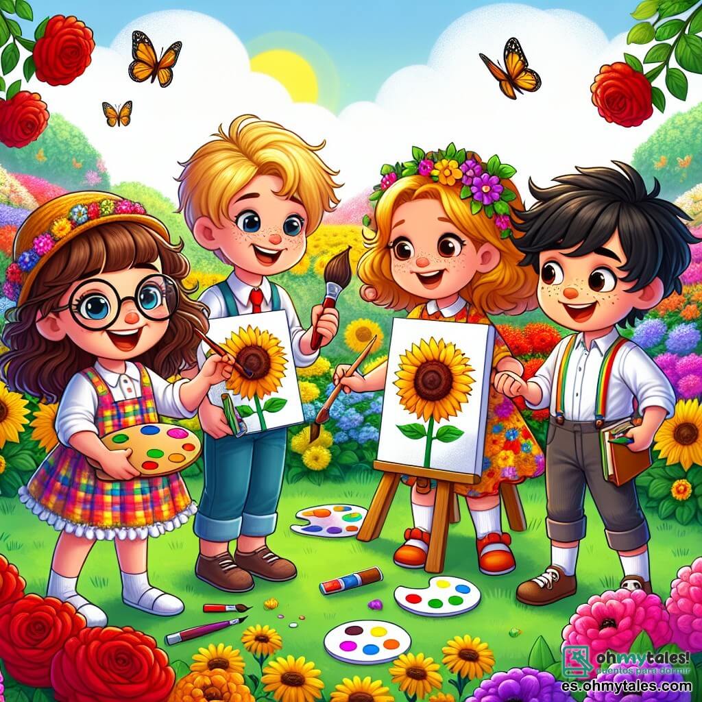Ilustración que representa un jardín colorido y soleado, lleno de flores brillantes de todos los colores: rosas rojas, girasoles amarillos y violetas moradas. En el centro, un grupo de cuatro amigos está de pie sobre la hierba verde y fresca. Hay una niña de unos 8 años, con cabello largo castaño y gafas, que sonríe alegremente sosteniendo un pincel y una paleta de colores. Junto a ella, un niño de 9 años, con cabello rubio y rizado, está pintando un gran girasol con entusiasmo. Otra niña, de 7 años, con cabello castaño y un vestido colorido, observa su lienzo con aire de duda, sosteniendo un pincel en su mano. Por último, un niño de 8 años, con cabello negro y pecas, hace un gesto alentador hacia la niña tímida, invitándola a mostrar su pintura. La escena captura un momento de camaradería y apoyo, donde los amigos se reúnen para admirar sus obras de arte. En el fondo, mariposas vuelan alrededor de las flores y las risas de los niños resuenan en el aire. Colores vivos y alegres dominan la ilustración, reflejando el espíritu de confianza en sí mismo y creatividad.