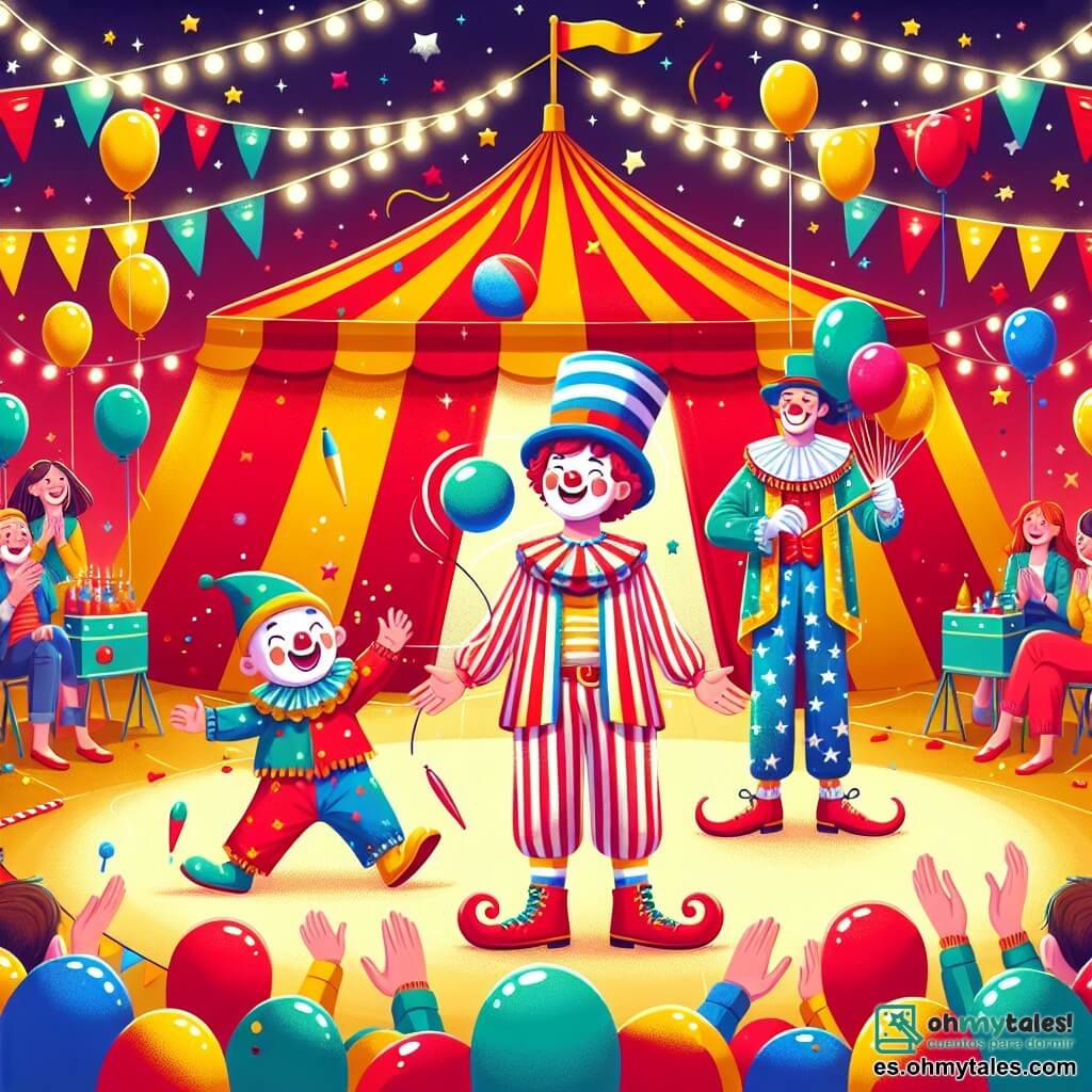 Ilustración que representa un circo colorido y animado, con una gran carpa a rayas rojas y amarillas, rodeada de luces brillantes y globos flotantes. En el centro, un niño de unos 8 años, con un gran sombrero de payaso y una camisa a rayas, sonríe alegremente mientras sostiene una pelota roja en sus manos. A su lado, un hombre de unos treinta años, vestido de malabarista con un traje brillante y una bufanda colorida, lanza pelotas de diferentes colores al aire con agilidad. Un payaso, con la cara pintada de blanco y una nariz roja, ríe mientras intenta atrapar una de las pelotas que cae. La atmósfera está llena de risas y emoción, con espectadores maravillados al fondo, aplaudiendo y divirtiéndose. Confetis flotan en el aire, añadiendo magia a este momento alegre en el circo.