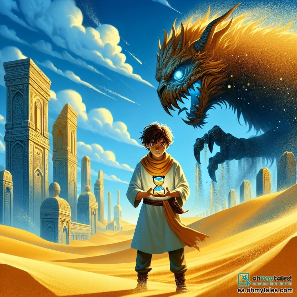 Une illustration sous forme de dessin destinée aux enfants représentant un vaste désert doré sous un ciel bleu éclatant, où un garçon de 11 ans aux cheveux castaños et désordonnés, vêtu d'une tunique légère et portant un petit dispositif en forme de montre de sable dans ses mains, se tient courageusement face à un ancien gardien des ombres, une créature imposante aux écailles brillantes et aux yeux scintillants, tandis qu'en arrière-plan, des ruines majestueuses se dressent, évoquant une ancienne civilisation, et où l'air est chargé de magie et d'aventure, symbolisant la quête du garçon pour restaurer l'équilibre d'un monde fantastique.