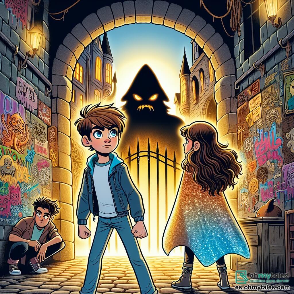 Une illustration sous forme de dessin destinée aux enfants représentant un mystérieux callejón de la ville d'Elmbrook, avec des murs recouverts de graffitis colorés et un portail ancien en pierre illuminé par une lueur dorée, où un garçon de 11 ans aux cheveux châtains et aux yeux pétillants, vêtu d'un t-shirt bleu et d'un jean, se tient courageusement devant une silhouette sombre et menaçante, tandis qu'une fille de 12 ans aux cheveux longs et ondulés, portant une cape scintillante, se prépare à l'aider, alors qu'ils unissent leurs forces pour défendre leur monde contre une créature maléfique qui tente de traverser le portail.