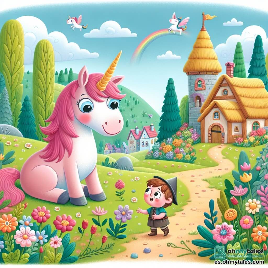 Une illustration destinée aux enfants représentant une licorne rose et rigolote, qui rencontre un enfant curieux, dans un village enchanté entouré de prairies verdoyantes et de fleurs multicolores.