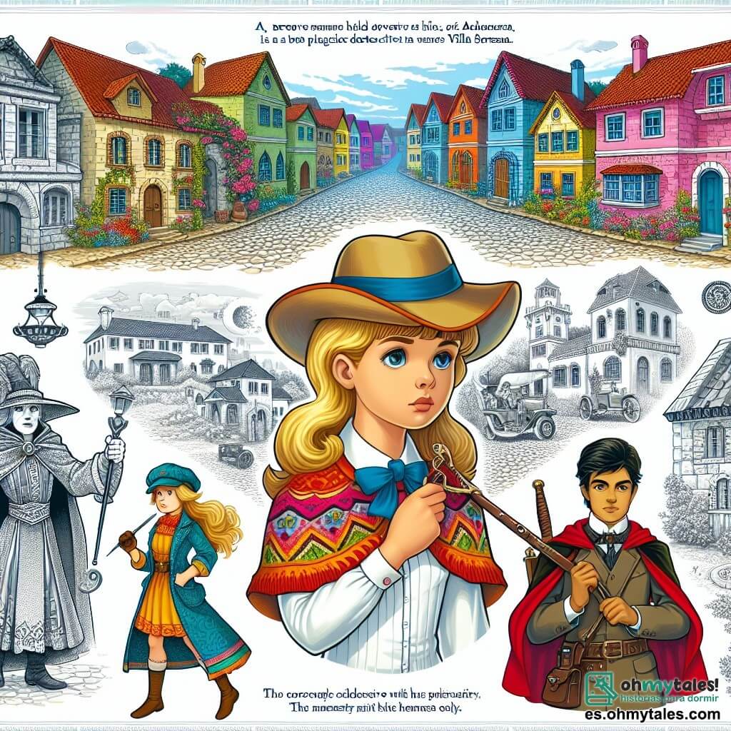 Une illustration destinée aux enfants représentant une jeune détective courageuse, une maison ancienne et mystérieuse, un mystérieux magicien et un petit village paisible nommé Villa Serenidad, où les rues pavées sont bordées de maisons colorées et de jardins fleuris.