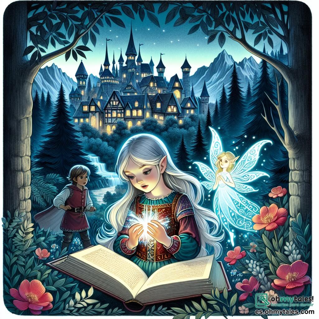 Une illustration destinée aux enfants représentant une jeune fille aux cheveux argentés, découvrant un mystérieux livre de magie dans une clairière enchantée, accompagnée par une fée lumineuse, dans le paisible village médiéval de Valdeluna, entouré de montagnes imposantes et de sombres forêts enchantées.