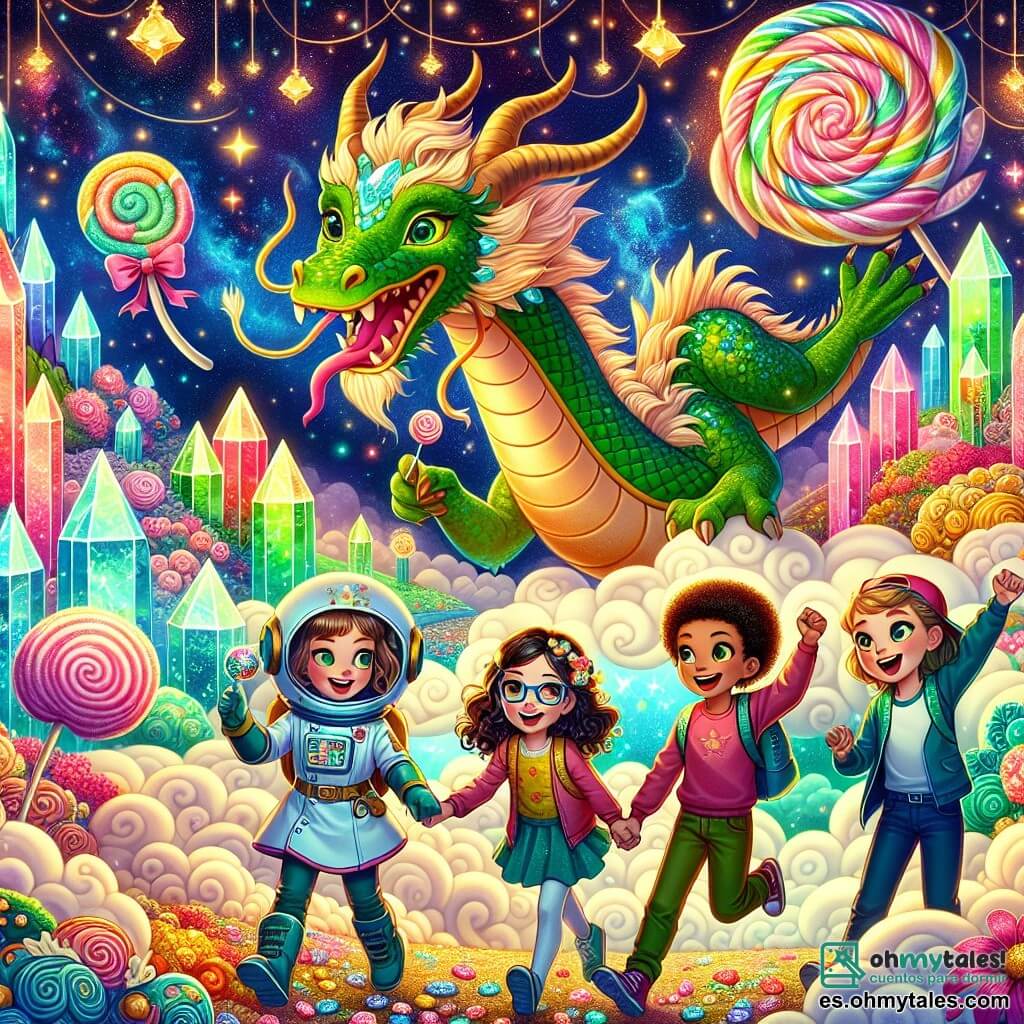 Ilustración que representa una escena mágica en la Montaña de los Sueños, donde nubes de algodón de azúcar flotan sobre paisajes coloridos. En primer plano, un gran dragón con escamas brillantes, de color verde y dorado, lanza caramelos multicolores al aire, con una mirada traviesa. Junto a él, cuatro niños, tres niñas y un niño, se toman de la mano, sus rostros iluminados por la emoción. La niña de cabello rizado, de unos 9 años, lleva una gorra de astronauta y sonríe con determinación. La segunda niña, con gafas y una pequeña coleta, sostiene un cuaderno, lista para anotar ideas. La tercera niña, con cabello largo y liso, ríe alegremente, mientras que el niño, con cabello corto y una gorra, levanta el puño en señal de victoria. Al fondo, la montaña está adornada con cristales brillantes y flores luminiscentes, creando una atmósfera de cuento de hadas. Estrellas centelleantes iluminan el cielo, añadiendo un toque de magia a esta aventura fantástica.