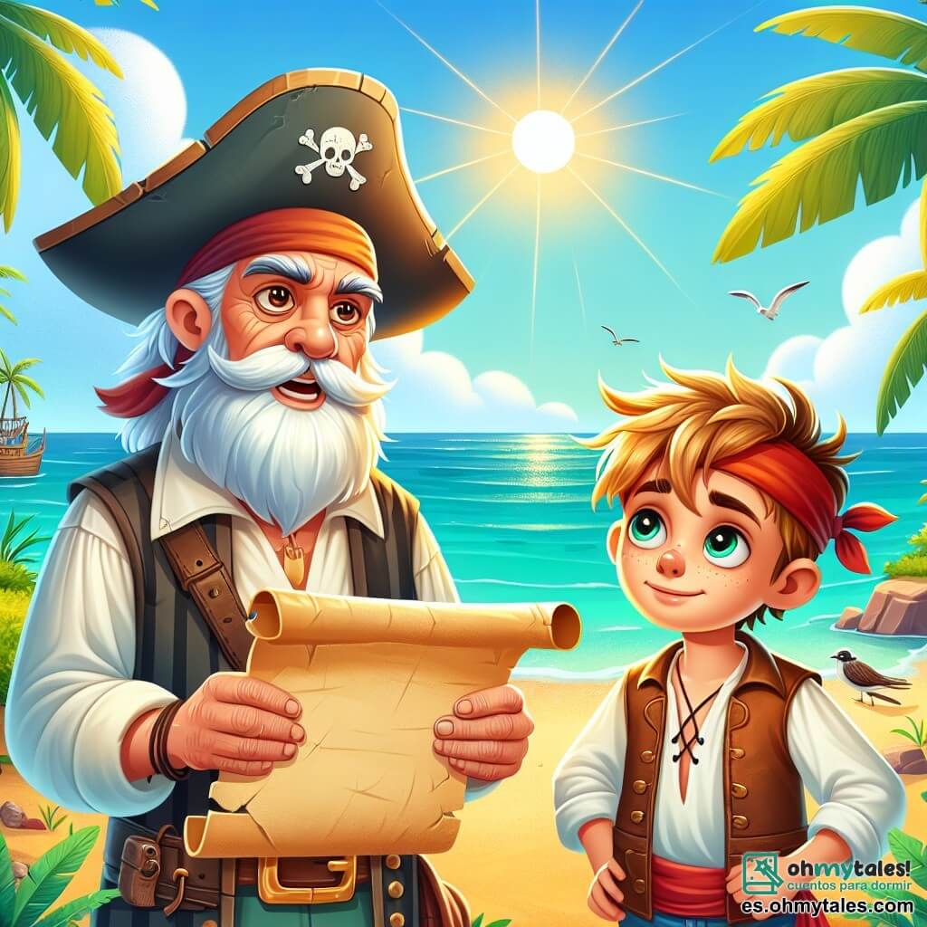 Une illustration sous forme de dessin destinée aux enfants représentant une île tropicale ensoleillée avec des palmiers verdoyants et une mer turquoise en arrière-plan, où un homme âgé au visage buriné et à la barbe blanche, vêtu d'un vieux chapeau de pirate et d'une chemise en lin, se tient avec un air déterminé, tenant un vieux parchemin dans ses mains, tandis qu'un jeune garçon aux cheveux ébouriffés et aux yeux pétillants, portant un bandana rouge et un gilet en cuir, l'observe avec admiration, tous deux prêts à partir à l'aventure à la recherche d'un trésor caché, entourés de la joie et de l'excitation de la vie de pirate.