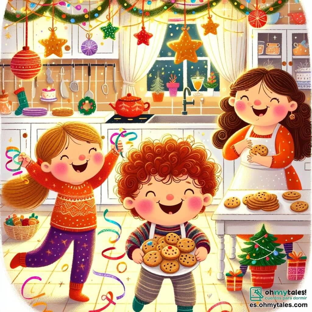 Une illustration sous forme de dessin destinée aux enfants représentant une chaleureuse cuisine décorée pour le Nouvel An, avec un garçon de 3 ans aux cheveux bouclés et aux joues roses, souriant joyeusement en tenant une assiette de gâteaux de Noël, tandis qu'une jeune fille de 7 ans, sa sœur, aux cheveux longs et bruns, danse autour de lui en agitant des serpentines colorées, et leur maman, une femme aux cheveux châtains et au sourire bienveillant, accroche des guirlandes scintillantes au plafond, le tout baigné dans une lumière douce et festive.