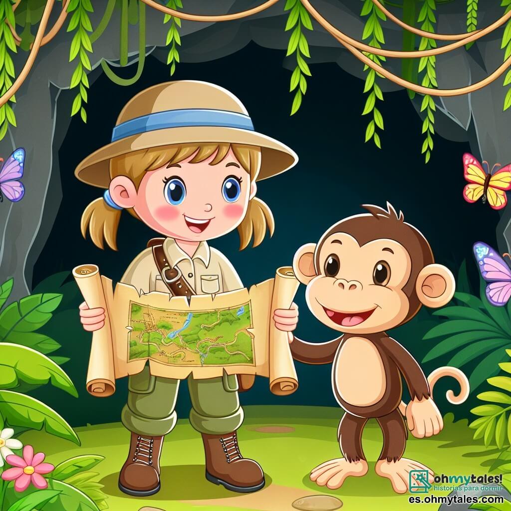 Une illustration destinée aux enfants représentant une courageuse exploratrice vêtue d'une chemise beige et d'un pantalon kaki, tenant une vieille carte au trésor dans une main, accompagnée de son fidèle ami, un singe malicieux, se tenant à ses côtés, devant l'entrée d'une mystérieuse et luxuriante cueva de la jungle avec des lianes tombantes et des papillons multicolores virevoltant autour d'eux.