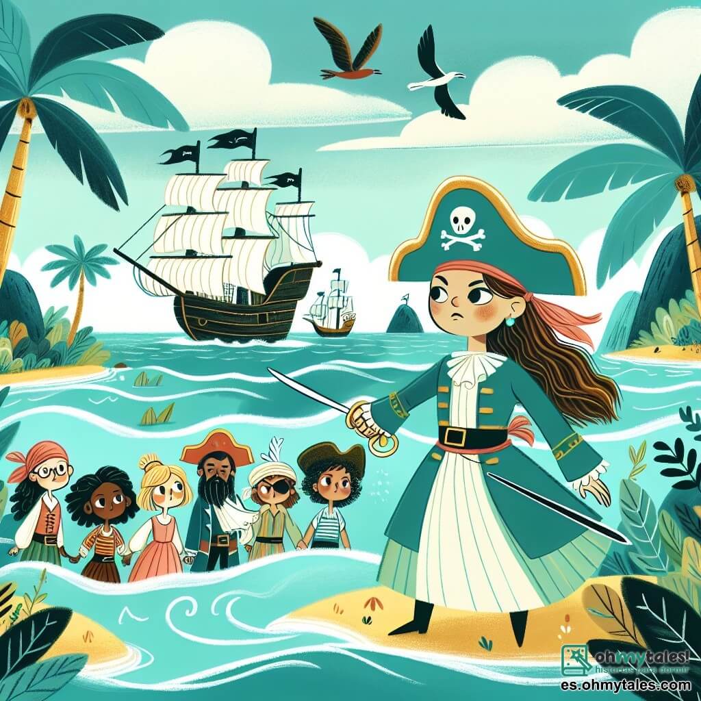 Une illustration destinée aux enfants représentant une courageuse capitaine pirate, entourée de sa fidèle équipage, explorant une mystérieuse île tropicale aux eaux turquoise et aux palmiers balancés par le vent.