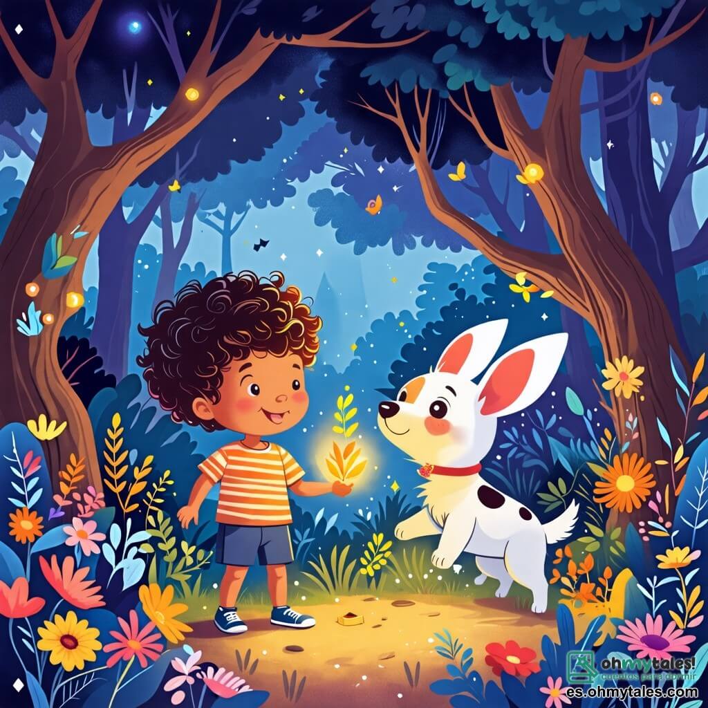 Une illustration sous forme de dessin destinée aux enfants représentant une forêt enchantée avec des arbres majestueux et des fleurs colorées, où un garçon de 2 ans aux cheveux bouclés et aux yeux pétillants, portant un t-shirt rayé et un short, tient une plante brillante dans ses petites mains, tandis qu'à ses côtés, un petit chien blanc aux grandes oreilles, avec une expression joyeuse, saute de joie, le tout capturant l'instant où ils découvrent ensemble un trésor caché dans un village abandonné.