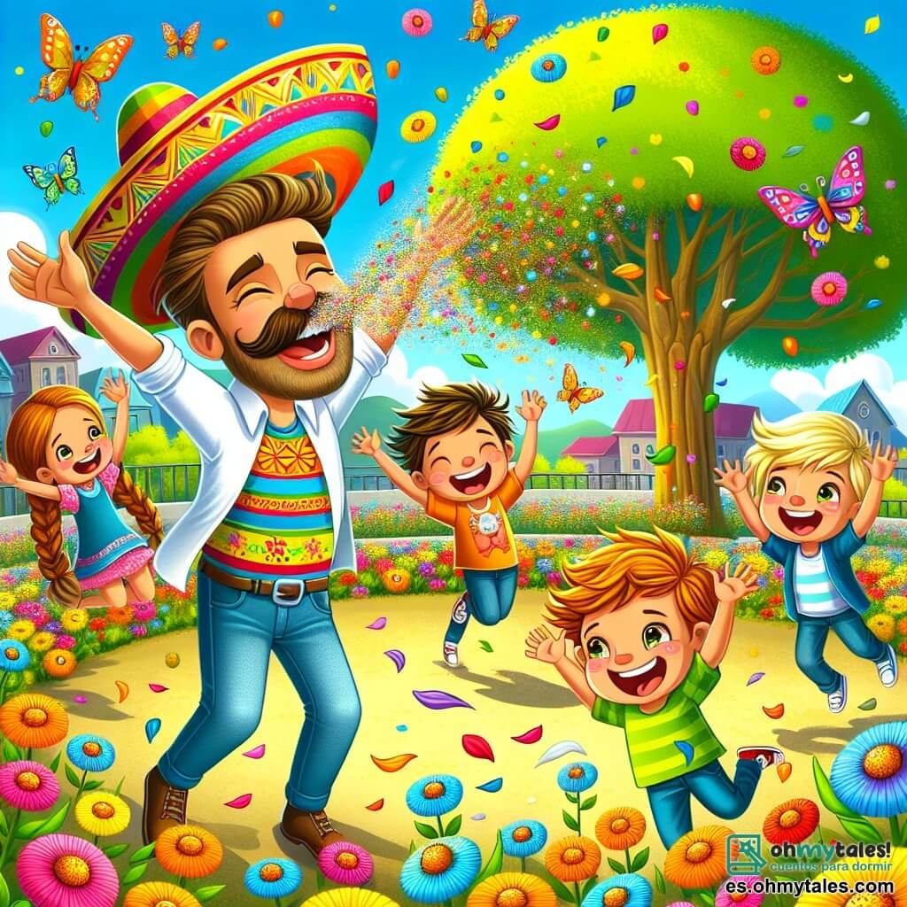 Ilustración que representa un parque soleado, lleno de flores coloridas que bailan suavemente al viento. En el centro, un hombre sonriente con cabello castaño y un bigote, vestido con una camiseta colorida y pantalones de mezclilla, está estornudando fuertemente, provocando un estallido de colores vivos a su alrededor. Cerca de él, un grupo de tres niños, dos chicos y una chica, de aproximadamente 7 a 10 años, lo miran con asombro. Los chicos tienen cabello rubio y castaño, mientras que la chica tiene largas trenzas de cabello castaño. Saltan de alegría, con los brazos en alto, aplaudiendo. Al fondo, un majestuoso árbol se erige, y un gran sombrero colorido flota en el aire, añadiendo un toque de magia a la escena. Mariposas multicolores revolotean alrededor, acentuando la atmósfera alegre y lúdica de este momento cómico.