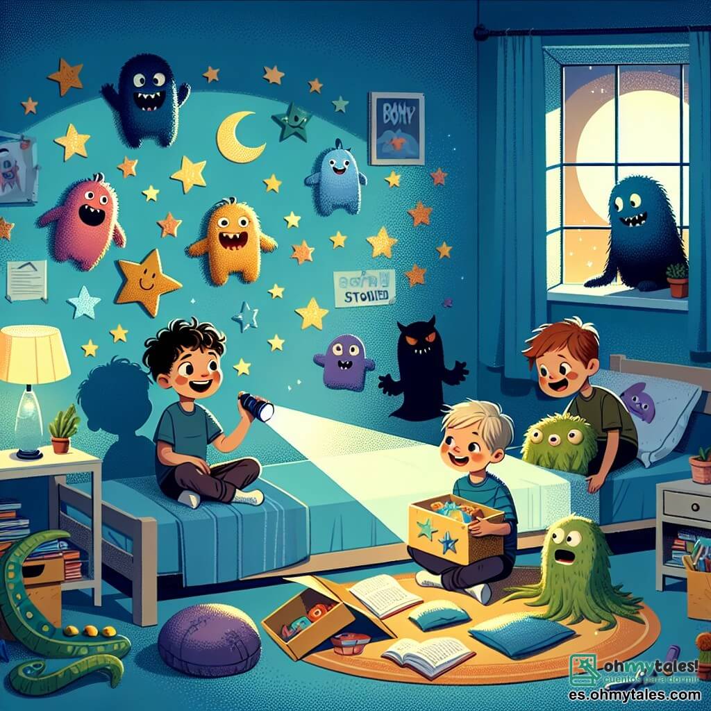 Ilustración que representa una habitación infantil decorada con paredes pintadas de azul suave, adornadas con pegatinas de estrellas y planetas brillantes. En el centro de la habitación, un niño de 11 años, con cabello castaño y rizado, está sentado en su cama, sosteniendo una linterna que proyecta sombras divertidas en las paredes. A su lado, una niña de 10 años, con cabello largo y rubio, sonríe mientras sostiene un cojín en forma de monstruo colorido. En una esquina de la habitación, otro niño de 11 años, con cabello corto y negro, observa con curiosidad una caja llena de luces centelleantes. La habitación está llena de juguetes esparcidos y tiene un ambiente cálido, mientras una ventana deja entrar la luz de la luna, creando un contraste entre la oscuridad y la luz suave. Los personajes están compartiendo historias de miedo, rodeados de una atmósfera amigable y reconfortante, mostrando cómo enfrentan juntos su miedo a la oscuridad.
