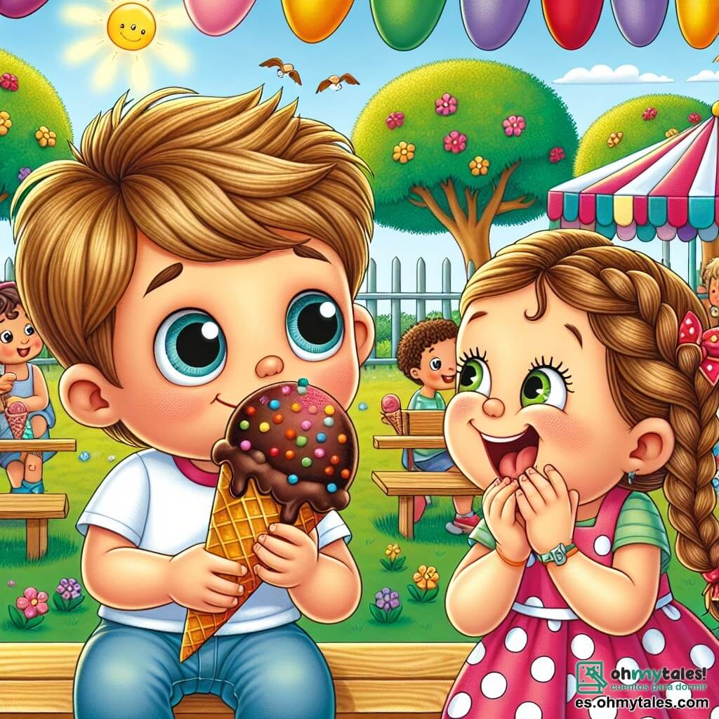 Ilustración que representa un parque soleado, lleno de flores coloridas y árboles frondosos. En el centro, un niño de 3 años con grandes ojos azules y cabello rubio desordenado, sonriendo alegremente mientras sostiene un cucurucho de helado de chocolate. Está sentado en un banco de madera, con las mejillas ligeramente pegajosas de helado, y mira con asombro a una niña a su lado. La niña, de aproximadamente 4 años, tiene el cabello castaño trenzado y lleva un vestido rosa con lunares. Sostiene un helado de fresa y ríe compartiendo un momento alegre con el niño. La escena muestra al niño disfrutando de su helado mientras se siente un poco culpable, dándose cuenta de que ha mentido a su mamá para conseguirlo. Al fondo, otros niños juegan, añadiendo un ambiente de felicidad y camaradería. Globos coloridos flotan en el aire, y un cartel indica "Fiesta de la comunidad" para reforzar el tema festivo.