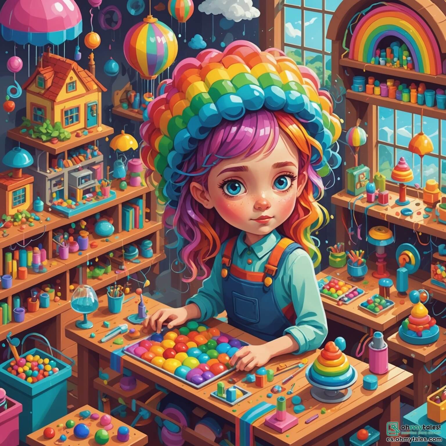 Une illustration destinée aux enfants représentant une femme à l'imagination débordante, aux cheveux en désordre et colorés comme un arc-en-ciel, qui se trouve dans un atelier flamboyant rempli de machines étranges et de gadgets scintillants, où elle s'efforce de créer une invention farfelue pour transformer la pluie en bonbons, tandis qu'un garçon curieux l'observe avec des yeux émerveillés, tout cela se déroulant dans un village pittoresque où les maisons aux façades pastel et les jardins fleuris dansent sous le souffle du vent.