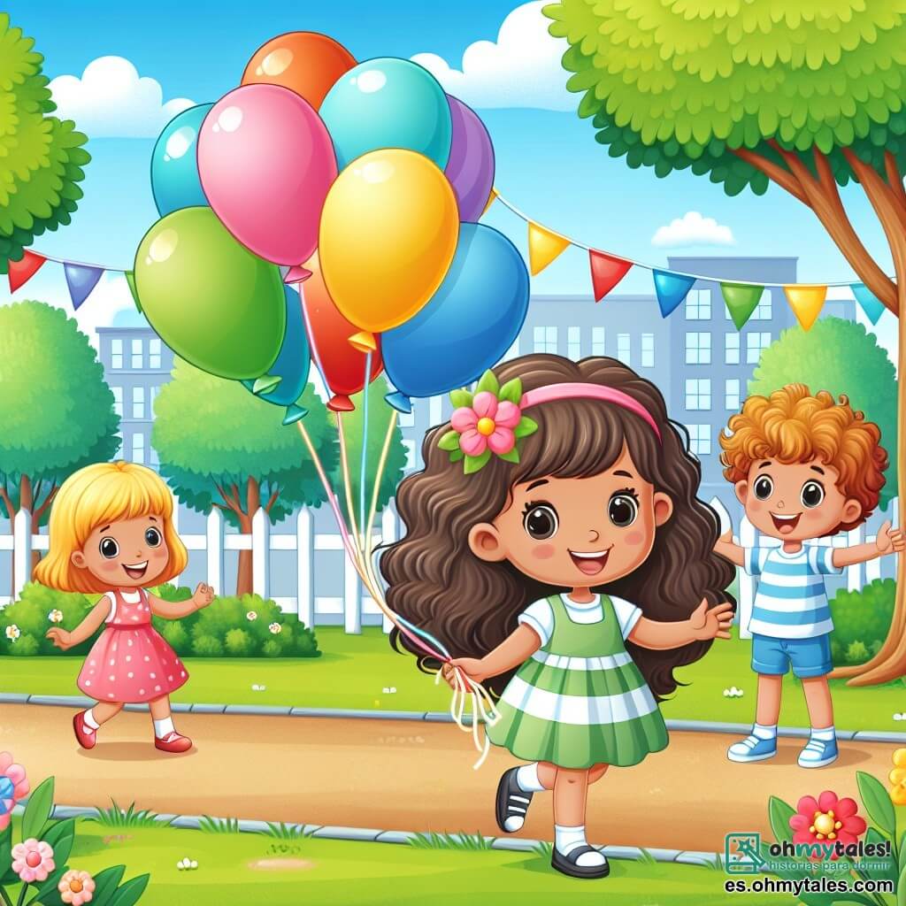 Une illustration destinée aux enfants représentant une petite fille joyeuse fêtant son anniversaire avec ses amis dans un parc ensoleillé, tandis que des ballons colorés s'envolent dans le ciel, sous le regard amusé d'un garçon aux cheveux bouclés.