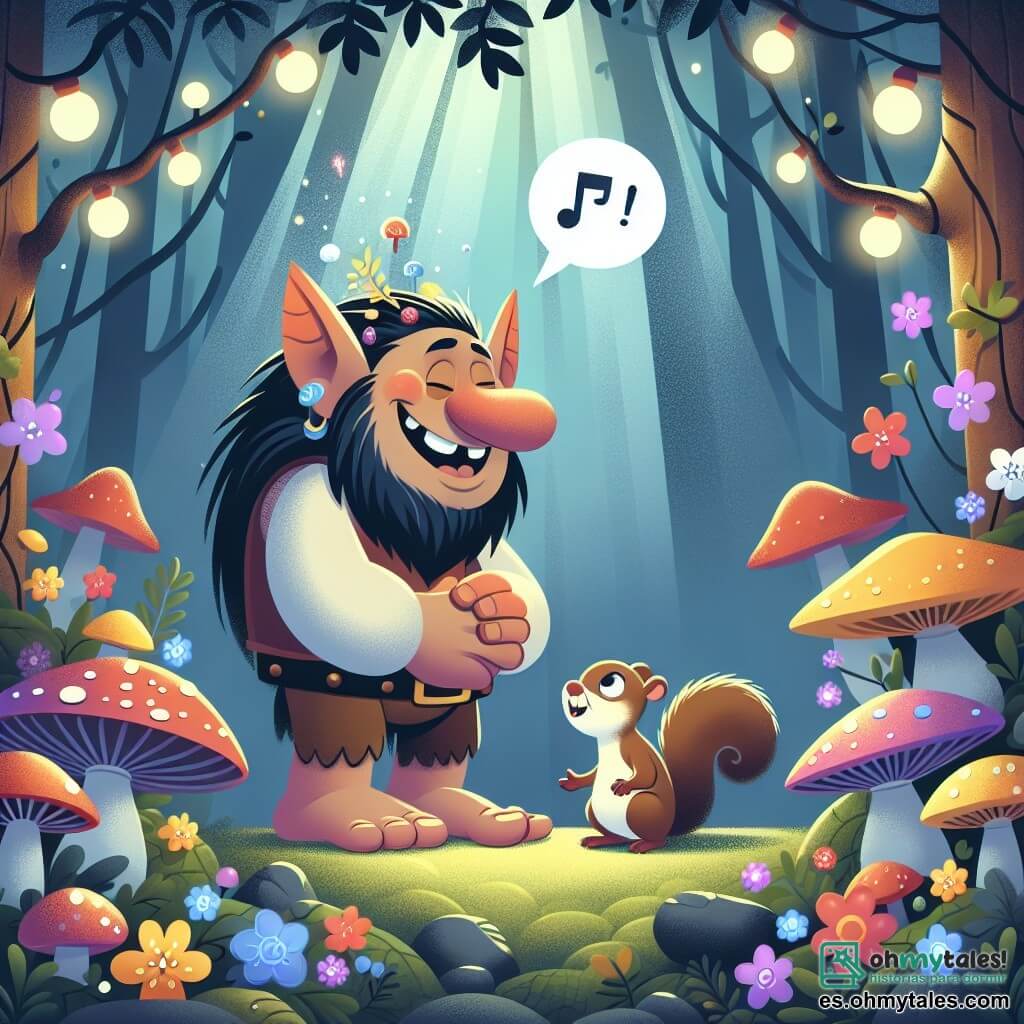 Une illustration destinée aux enfants représentant un troll farceur, dans une forêt magique remplie de champignons colorés et de fleurs lumineuses, s'amusant avec un petit écureuil curieux.