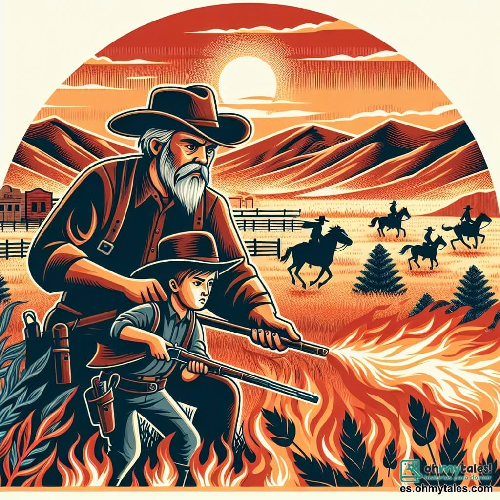 Une illustration destinée aux enfants représentant un jeune cow-boy courageux affrontant un incendie dans les vastes plaines du Far West, accompagné d'un cow-boy plus âgé et sage, dans un paysage de collines dorées par le soleil couchant et un ciel enflammé.