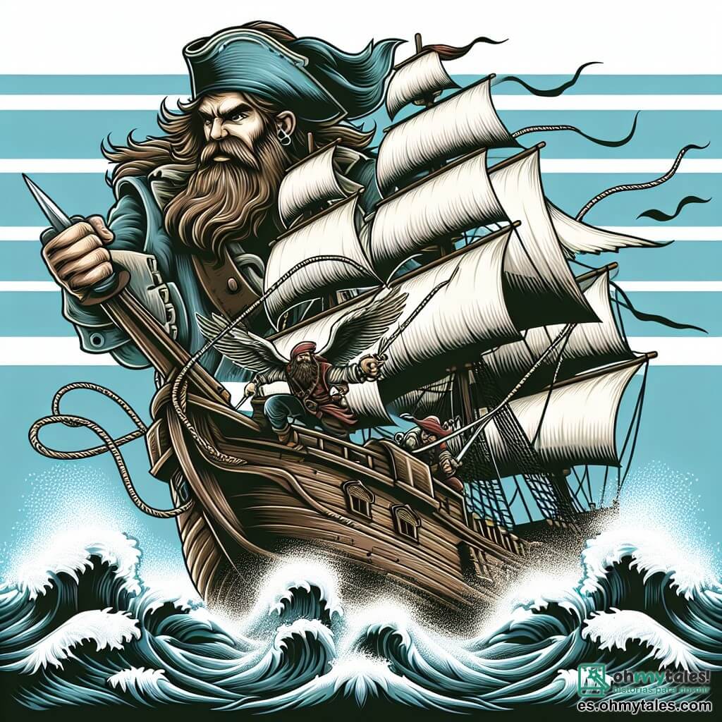 Une illustration destinée aux enfants représentant un courageux pirate au visage buriné, affrontant un redoutable ennemi sur un navire majestueux en pleine mer, avec des voiles blanches gonflées par le vent et des vagues tumultueuses s'écrasant contre les flancs du bateau.