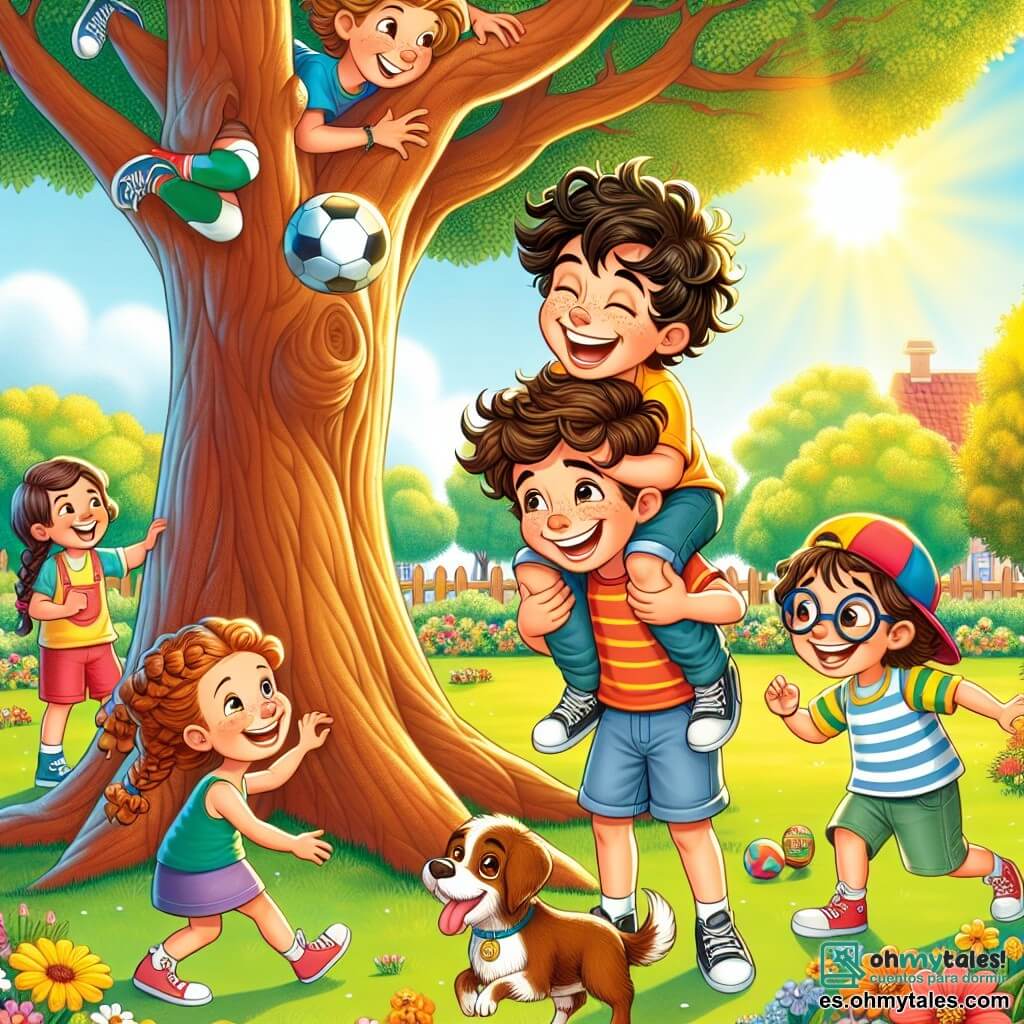Ilustración que representa un parque soleado, lleno de vegetación brillante y flores coloridas. En el centro, un gran árbol majestuoso con un tronco grueso y ramas extendidas, que domina un césped verde donde juegan niños alegremente. Un niño de unos 10 años, con cabello castaño despeinado y una sonrisa radiante, ríe mientras intenta trepar sobre la espalda de un amigo. A su lado, una niña de unos 9 años, con cabello largo y rizado, lleva una gorra colorida y observa con entusiasmo. Otro niño, un poco más grande, con gafas y pecas, hace muecas, mientras que una niña dulce, con cabello castaño trenzado, acaricia a un pequeño perro que los rodea, añadiendo a la escena de alegría. La situación principal muestra a los niños formando una torre humana para recuperar una pelota atrapada en las ramas del árbol, con expresiones de concentración y risa en sus rostros. El pequeño perro, emocionado, corre a su alrededor, añadiendo dinamismo a la escena. Al fondo, otros niños juegan y ríen, creando una atmósfera de camaradería y felicidad.