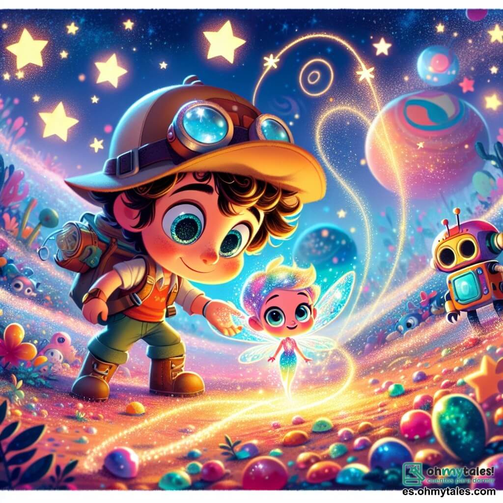 Une illustration sous forme de dessin destinée aux enfants représentant un magnifique paysage du Valle de las Estrellas Fugaces, avec des étoiles scintillantes tombant du ciel sur un sol coloré, où un garçon de 5 ans aux cheveux bouclés et aux yeux pétillants, portant une petite gorra d'explorateur et une mochila magique, se penche avec curiosité pour aider une petite fée aux ailes brillantes et translucides, piégée dans un fil de lumière, tandis qu'un robot coloré aux grands yeux ronds observe la scène avec enthousiasme, le tout baigné dans une atmosphère de science fantasy pleine de magie et d'émerveillement.