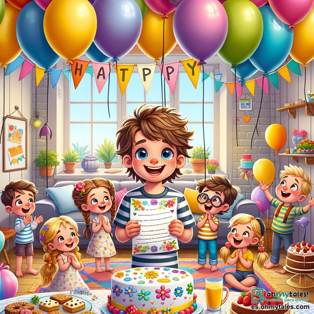 Ilustración que representa una escena alegre en una sala colorida, llena de globos de todos los colores flotando en el techo. Las paredes están decoradas con un gran cartel de papel que dice: "¡Felicidades, Papá!" en letras coloridas. En el centro de la habitación, un niño de ocho años, con cabello castaño desordenado y una gran sonrisa, sostiene una carta colorida en sus manos. A su lado, un grupo de cuatro niños: una niña de siete años con trenzas y un vestido de flores, un niño de ocho años con gafas y una camiseta a rayas, otra niña de seis años con dos coletas y una camiseta amarilla, y un niño de nueve años con cabello rubio y un sombrero de payaso. Todos están cantando y riendo, rodeados de pasteles, galletas y una gran bandeja de frutas. La atmósfera es festiva y llena de felicidad, capturando el espíritu del Día del Padre.