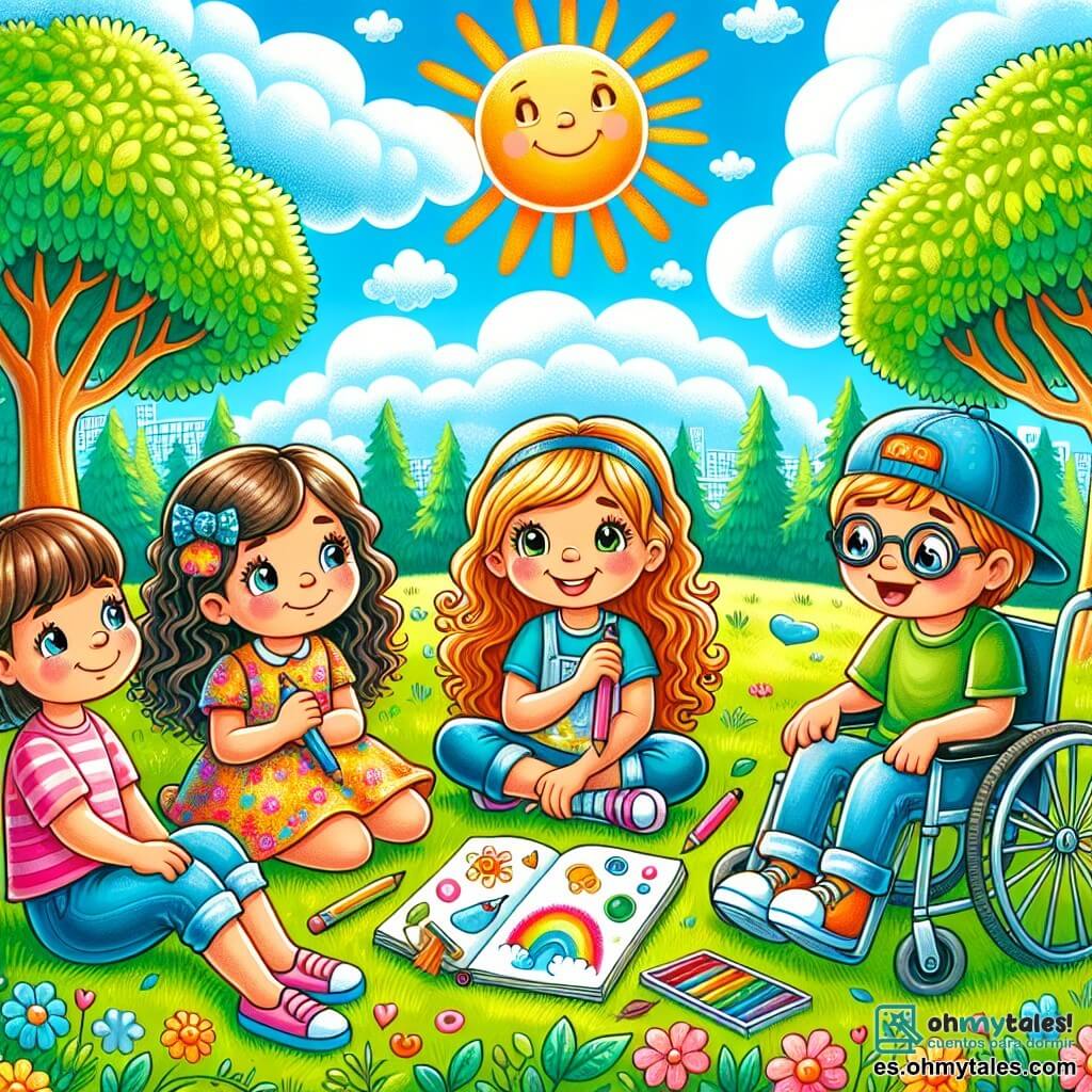 Ilustración que representa un parque soleado, con grandes árboles de hojas verdes brillantes y un cielo azul salpicado de algunas nubes blancas esponjosas. En el centro, un grupo de cuatro niños está sentado en círculo sobre la suave y verde hierba. Hay una niña de unos 8 años, con cabello rizado castaño y una gran sonrisa, que lleva una camiseta colorida y un short. Ella sostiene un cuaderno de dibujo y un lápiz, lista para anotar ideas. A su lado, otra niña, también de 8 años, con cabello largo y liso, vestida con un vestido de flores, la escucha atentamente. Tiene ojos brillantes y una expresión curiosa. Un niño de 9 años, con cabello corto y una gorra, está sentado frente a ellas, algo avergonzado, con las mejillas rojas, mientras mira al suelo. Por último, una niña en silla de ruedas, de 9 años, con gafas y una sonrisa alentadora, los observa con benevolencia, lista para compartir sus pensamientos. La situación principal muestra al grupo discutiendo sobre la importancia de la verdad, con burbujas de diálogo coloridas a su alrededor, ilustrando palabras como "sinceridad" y "amistad". Elementos gráficos adicionales incluyen un pequeño perro jugando cerca, flores de colores esparcidas por el suelo y un ligero arcoíris en el cielo, simbolizando la armonía y la alegría de su amistad recuperada.
