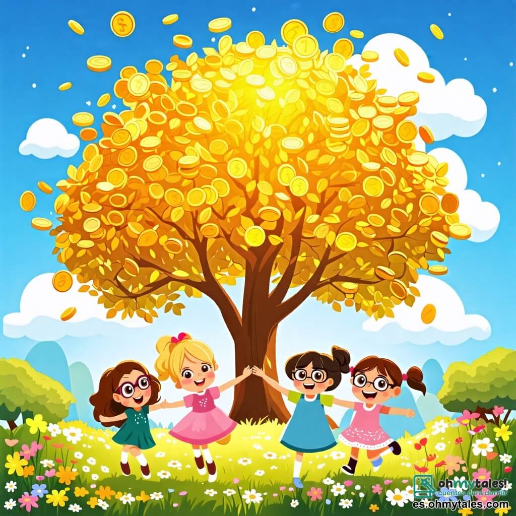 Ilustración que representa un magnífico claro soleado, donde se erige un majestuoso árbol dorado con hojas brillantes como monedas de oro, rodeado de flores coloridas y un cielo azul salpicado de suaves nubes. En primer plano, cuatro niñas de 8 años se toman de la mano, radiantes de alegría y emoción. Una de ellas, con cabello castaño y gafas, lleva un vestido rosa y sonríe con asombro. Otra, con cabello rubio y rizado, viste una túnica verde y levanta los brazos en señal de victoria. La tercera, con cabello negro y una coleta, lleva una camiseta azul y mira al cielo con ojos chispeantes. Finalmente, la última, con cabello pelirrojo y trenzas, lleva una falda colorida y sostiene una piedra brillante en su mano, con el rostro iluminado por el asombro. La escena captura el momento en que las niñas, maravilladas, se encuentran frente al árbol dorado, listas para hacer un deseo juntas. Mariposas multicolores vuelan a su alrededor, y una suave brisa hace danzar las hojas del árbol, añadiendo un toque de magia a la atmósfera.