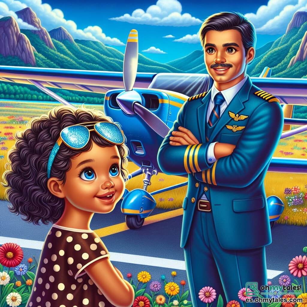 Une illustration destinée aux enfants représentant un homme au sourire chaleureux, vêtu d'une combinaison de pilote bleu, avec des lunettes de soleil brillantes sur le front, se tenant à côté de son avion étincelant, un Cessna bleu vif, sur une piste d'atterrissage entourée de fleurs colorées et de montagnes majestueuses sous un ciel azur, tandis qu'une fille aux cheveux bouclés et aux yeux pétillants, pleine d'enthousiasme, observe avec émerveillement, prête à vivre une aventure aérienne inoubliable.