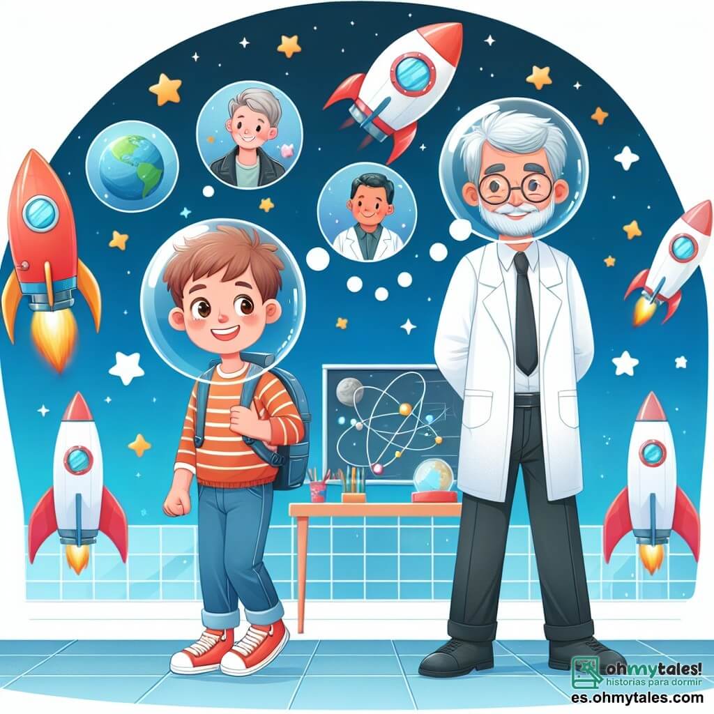 Une illustration destinée aux enfants représentant un jeune garçon plein d'énergie rêvant de devenir astronaute, accompagné de son grand-père bienveillant, dans une école spatiale futuriste entourée de fusées et d'étoiles scintillantes.