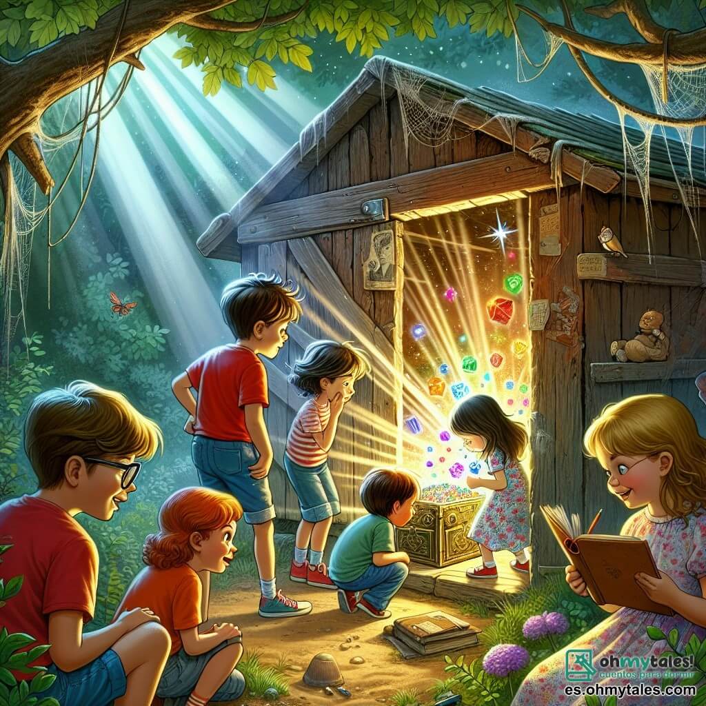 Ilustración que representa un viejo cobertizo de madera, cubierto de polvo y telarañas, situado en un parque verde. Dentro, rayos de luz filtran a través de las grietas, iluminando objetos antiguos y juguetes olvidados. En el centro de la imagen hay cuatro niños: un niño de nueve años con cabello castaño desordenado, que lleva una camiseta roja y un pantalón corto azul, mirando asombrado una caja metálica brillante. A su lado, una niña de nueve años con cabello largo y rubio, vestida con un vestido de flores, que sonríe valientemente y se acerca a la caja. Otro niño, también de nueve años, con gafas y cabello castaño, observa atentamente mientras sostiene un libro. Finalmente, una niña de nueve años con cabello rizado y un cuaderno de bocetos, que dibuja la escena con concentración. La situación principal muestra a los niños descubriendo la misteriosa caja que emite luces de colores, rodeados de una atmósfera de magia y aventura. Destellos de luz brillan a su alrededor, creando un sentimiento de emoción y curiosidad. En el fondo, árboles verdes y flores coloridas añaden vida a la escena, mientras una suave brisa hace bailar las hojas.