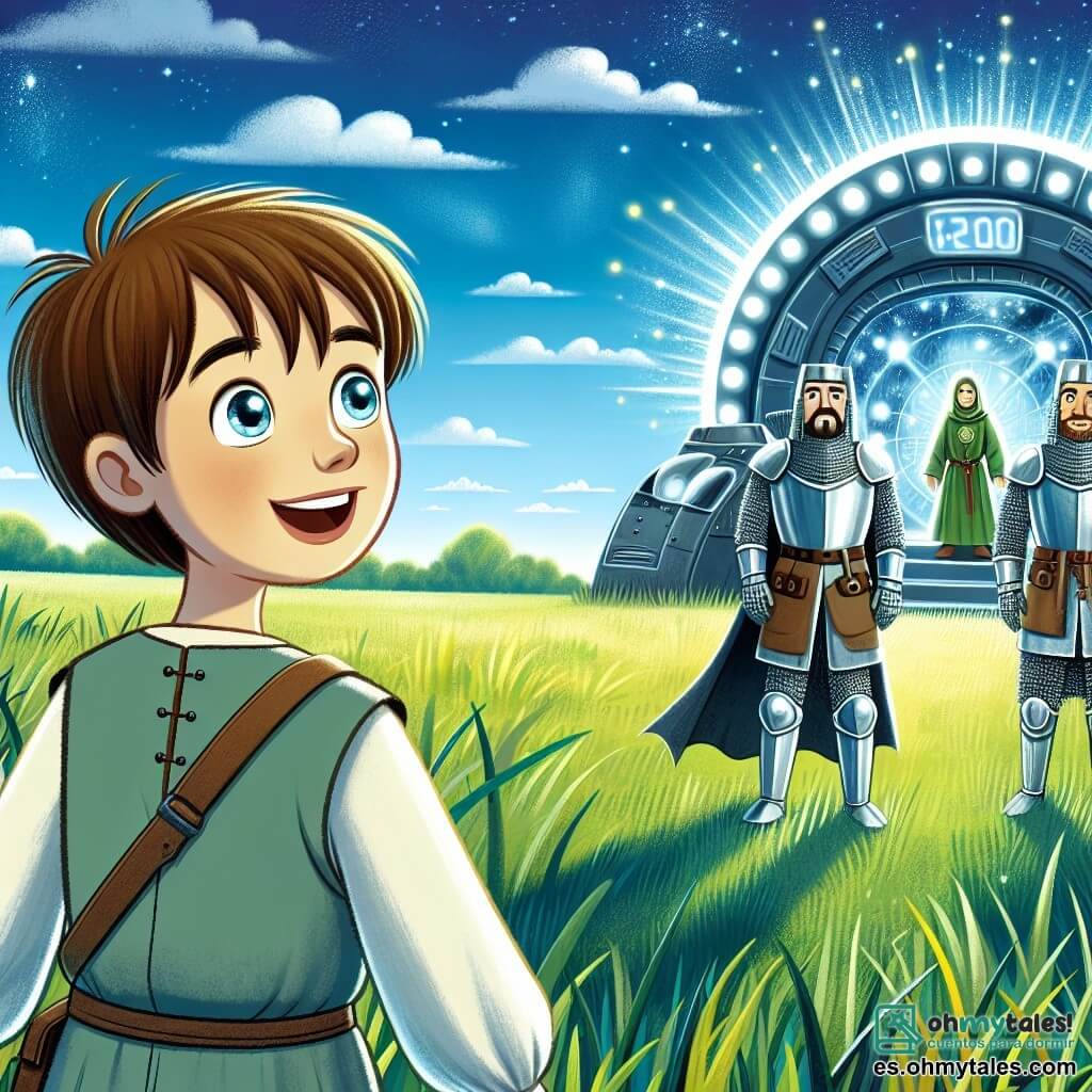 Une illustration sous forme de dessin destinée aux enfants représentant un vaste champ verdoyant sous un ciel bleu éclatant, où un garçon de 11 ans aux cheveux châtains et aux yeux pétillants, vêtu d'une tunique simple, se tient émerveillé devant une machine du temps futuriste aux lumières scintillantes, tandis qu'un groupe de trois chevaliers en armure brillante, aux visages déterminés et souriants, s'approchent de lui pour l'accueillir, le tout évoquant une atmosphère d'aventure et de découverte dans un monde médiéval enchanteur.