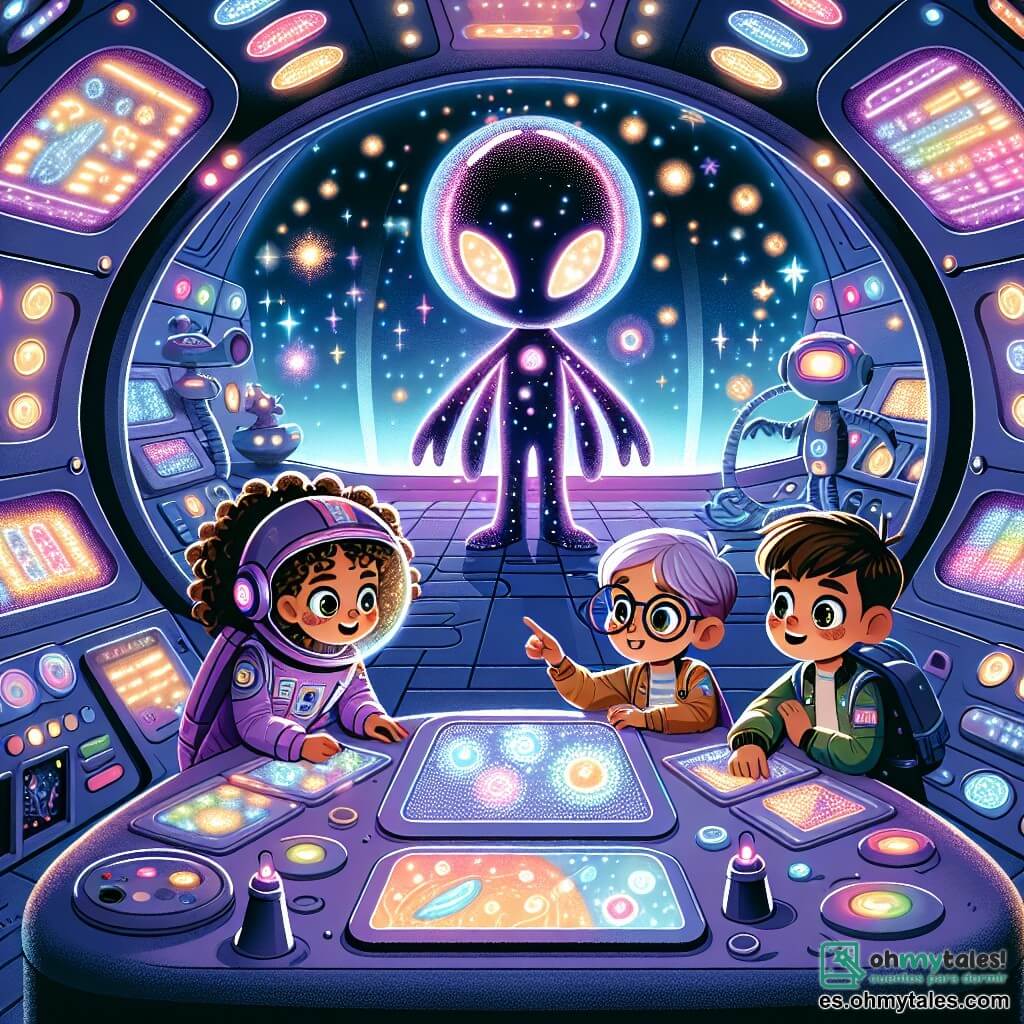 Ilustración que representa un interior futurista de la "Astroluz", una nave espacial con paredes brillantes y redondeadas, llena de luces coloridas y paneles de control centelleantes. En el centro de la escena, tres jóvenes exploradores: una niña de doce años con cabello rizado y un traje espacial violeta, observando con asombro una pantalla que muestra estrellas brillantes. Junto a ella, otra niña de doce años, con gafas y cabello liso, tomando notas en una tableta, con aire concentrado. Un niño de doce años, con cabello castaño y ojos chispeantes, señala una imagen de una criatura extraterrestre en una pantalla, con una gran sonrisa en su rostro. En el fondo, la silueta de un Aelorian, un extraterrestre de ojos brillantes y piel iridiscente, los observa con curiosidad, creando una atmósfera de asombro y amistad intergaláctica. A través de los ventanales se pueden ver estrellas y planetas, añadiendo un toque mágico a este encuentro único.