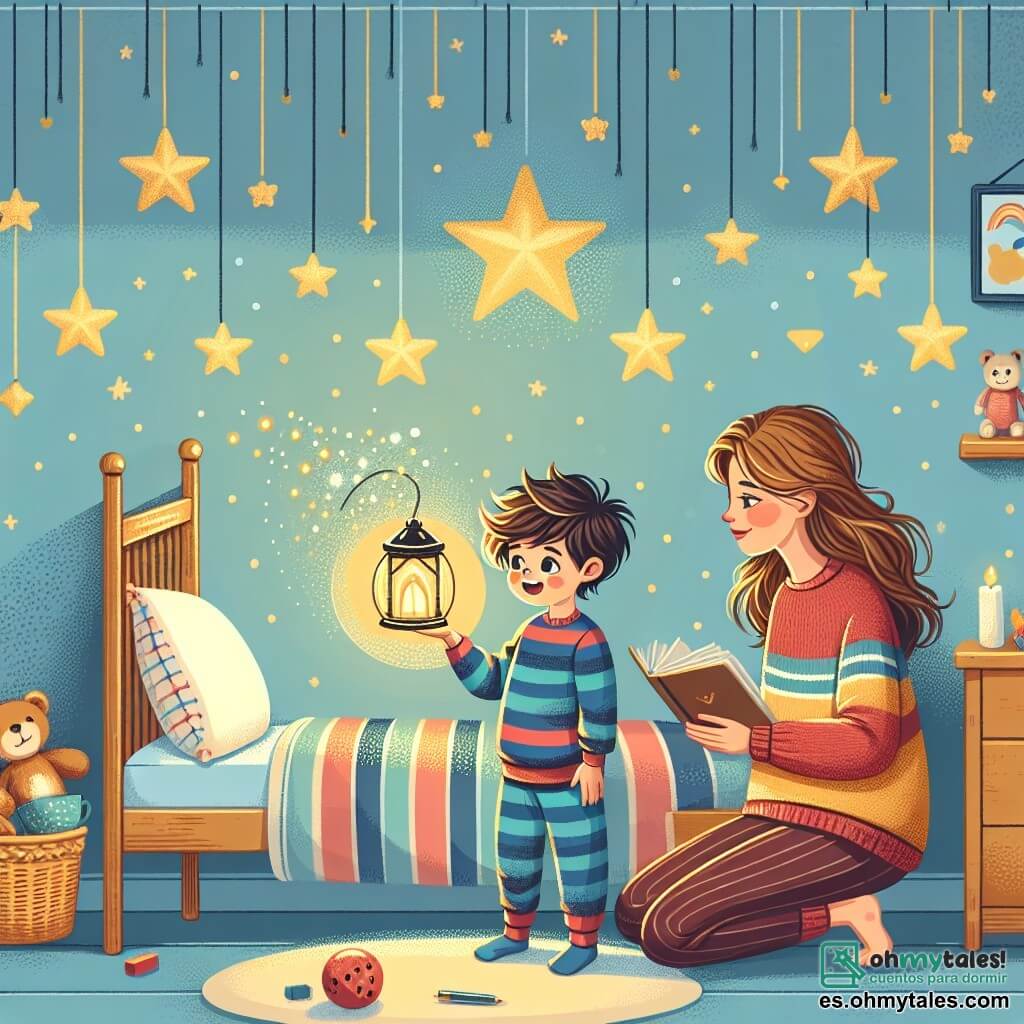 Ilustración que representa una habitación infantil cálida y acogedora, con paredes pintadas de azul pastel y estrellas doradas pegadas al techo. Una cama de madera con sábanas coloridas está colocada contra una pared, y juguetes esparcidos por el suelo añaden vida a la escena. En el centro de la imagen, un niño de 3 años, con cabello castaño desordenado y ojos brillantes, sostiene una pequeña linterna mágica que proyecta formas luminosas en las paredes. Lleva un pijama a rayas azul y rojo, y su rostro expresa curiosidad y asombro. A su lado, una mujer de unos 30 años, con cabello largo y castaño, sonríe tiernamente mientras lee un libro. Lleva un suéter cómodo y está sentada al borde de la cama, creando una atmósfera reconfortante. La situación principal muestra al niño, fascinado por la luz de su linterna, cantando una canción suave para calmar su miedo a la oscuridad. Sombras suaves bailan en las paredes, evocando un sentimiento de magia y seguridad. Elementos gráficos adicionales incluyen un osito de peluche acurrucado junto al niño y libros coloridos apilados en una estantería, reforzando la idea de un mundo de imaginación y consuelo.