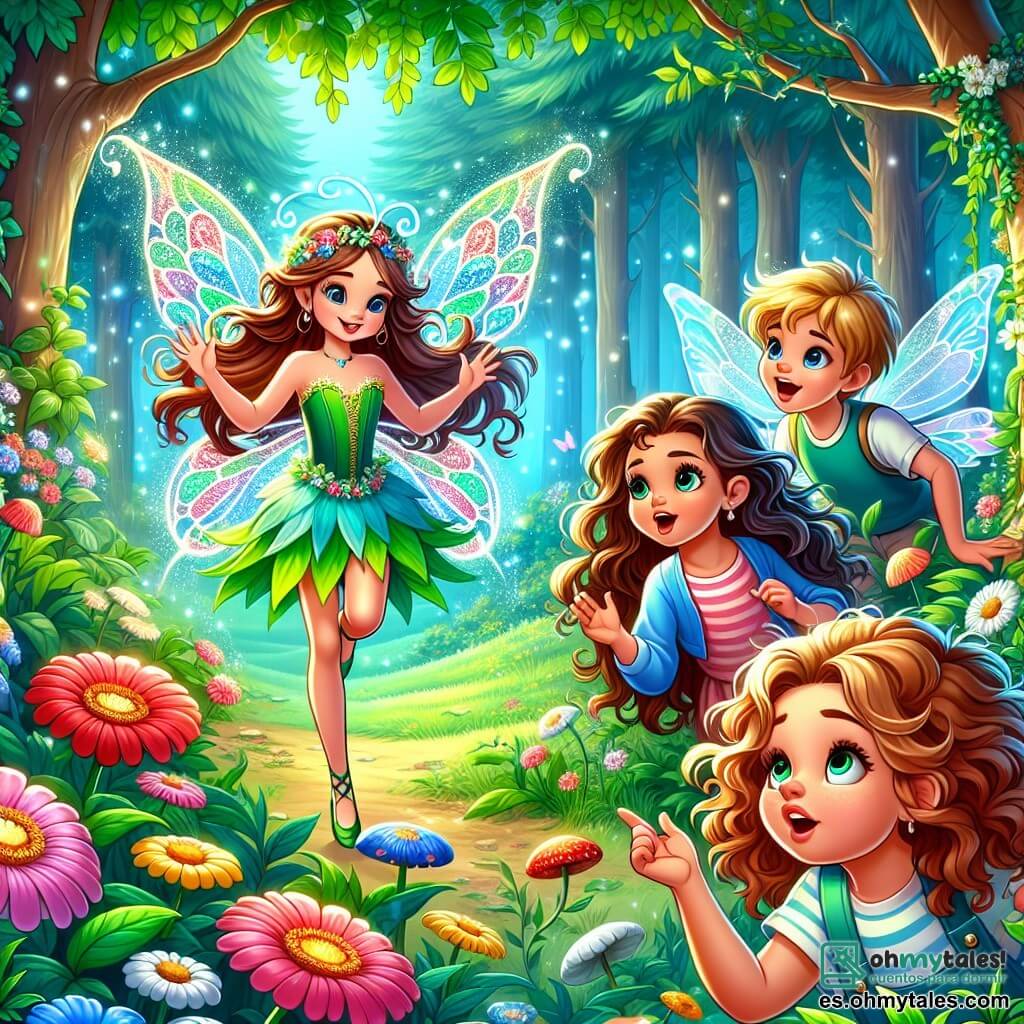 Une illustration sous forme de dessin destinée aux enfants représentant un magnifique clairière enchantée au cœur d'un forêt magique, où une petite fée aux ailes scintillantes de couleurs vives danse joyeusement parmi des fleurs éclatantes, tandis qu'un groupe d'enfants curieux, deux filles aux cheveux bouclés et un garçon aux yeux pétillants, l'observe avec émerveillement, tous captivés par la magie qui les entoure alors qu'ils se préparent à vivre une aventure pleine de courage et d'amitié.
