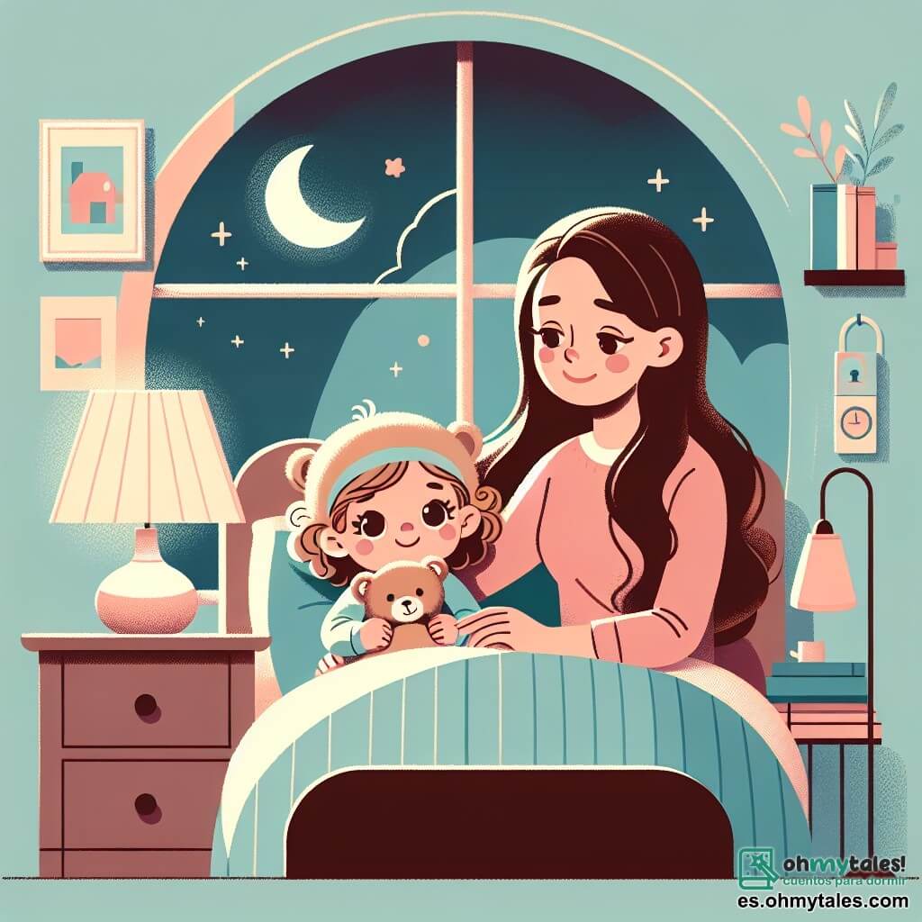 Une illustration sous forme de dessin destinée aux enfants représentant une chambre chaleureuse avec des murs pastel, où une petite fille de 1 an aux cheveux bouclés et aux yeux pétillants est allongée dans son lit, tenant un doux ours en peluche, tandis que sa maman, une femme souriante aux cheveux longs et bruns, s'assoit à côté d'elle, lui parlant doucement pour apaiser sa peur du noir, avec une petite lampe de chevet diffusant une lumière douce et réconfortante, créant une atmosphère de tendresse et de sécurité dans l'obscurité.