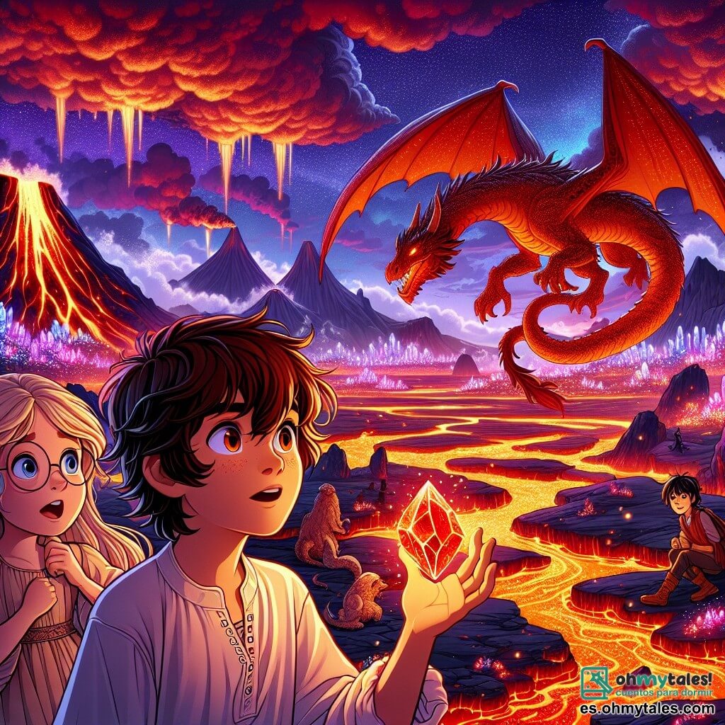 Ilustración que representa un paisaje de ensueño de la Montaña del Fuego, donde ríos de lava brillan bajo un cielo anaranjado y violeta, con rocas incandescentes y nubes de humo flotando en el aire. En primer plano, un niño de 11 años, con cabello castaño alborotado y ojos llenos de curiosidad, sostiene un cristal rojo brillante en su mano, con su rostro iluminado por la luz del fuego. A su lado, una niña de 10 años, con largos cabellos rubios y un vestido ligero, mira con asombro al dragón de fuego que se alza majestuosamente detrás de ellos, sus escamas brillando como llamas. Otro niño de 11 años, con cabello negro y gafas, observa atentamente al dragón, listo para defender a sus amigos. La escena captura el momento en que los niños se enfrentan valientemente al dragón, decididos a demostrar su valía para obtener el Corazón de Fuego. Al fondo, siluetas de criaturas fantásticas y árboles de cristal añaden un toque de magia al entorno.