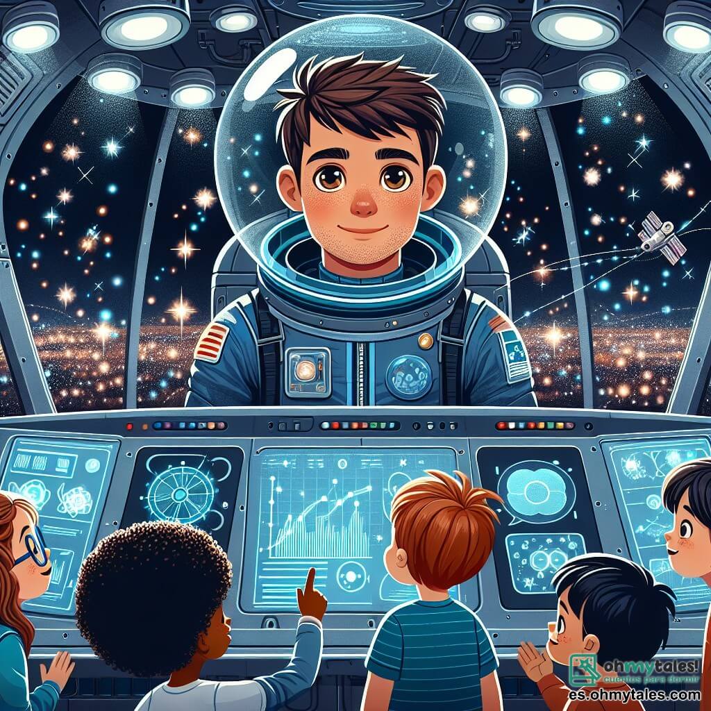 Ilustración que representa el interior de una nave espacial futurista, con paredes de metal brillante y pantallas luminosas que muestran datos científicos. En el centro, un hombre con un traje espacial azul y un casco transparente, con cabello castaño y ojos brillantes de entusiasmo, está hablando a un grupo de niños a través de una pantalla de comunicación. Los niños, de aproximadamente 10 años, son de diferentes orígenes étnicos: una niña de cabello negro y rizado, un niño rubio con gafas y una niña pelirroja con trenzas. Miran al hombre con expresiones de asombro, haciendo preguntas sobre el espacio. De fondo, se ven estrellas brillantes a través de una ventanilla, añadiendo un toque mágico a la escena. Herramientas flotan alrededor del hombre, ilustrando la microgravedad, mientras un panel de control complejo muestra gráficos e indicadores luminosos, destacando el aspecto científico de la misión.