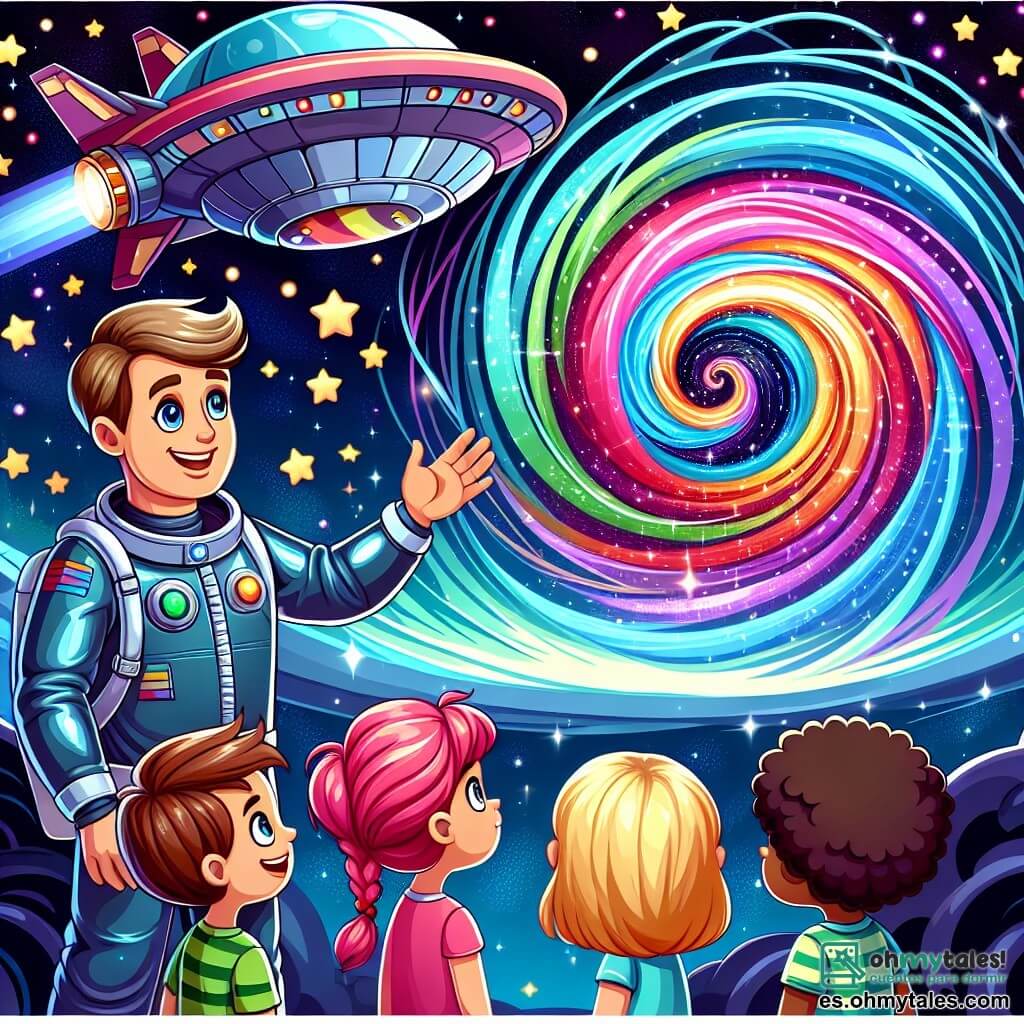 Une illustration sous forme de dessin destinée aux enfants représentant une station spatiale flottante dans un ciel étoilé, avec un homme au sourire chaleureux portant un uniforme spatial bleu brillant, debout à côté d'un groupe de quatre enfants (deux garçons et deux filles) aux cheveux colorés et aux expressions émerveillées, tandis qu'ils observent un trou de ver coloré qui tourbillonne et scintille, symbolisant leur aventure magique à travers l'espace.
