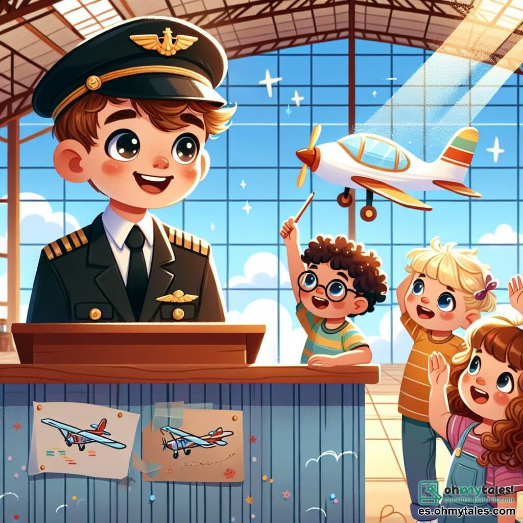 Une illustration sous forme de dessin destinée aux enfants représentant un hangar d'avion ensoleillé, avec un jeune homme aux cheveux bruns et à la casquette de pilote, souriant et expliquant ses rêves de vol à un groupe de trois enfants : une fille aux cheveux blonds et aux yeux pétillants, écoutant avec émerveillement, un garçon aux cheveux châtains et aux lunettes, prenant des notes avec un crayon, et une autre fille aux cheveux bouclés, levant la main pour poser une question, tandis qu'un petit avion en arrière-plan attend son vol, symbolisant l'aventure et l'imagination.