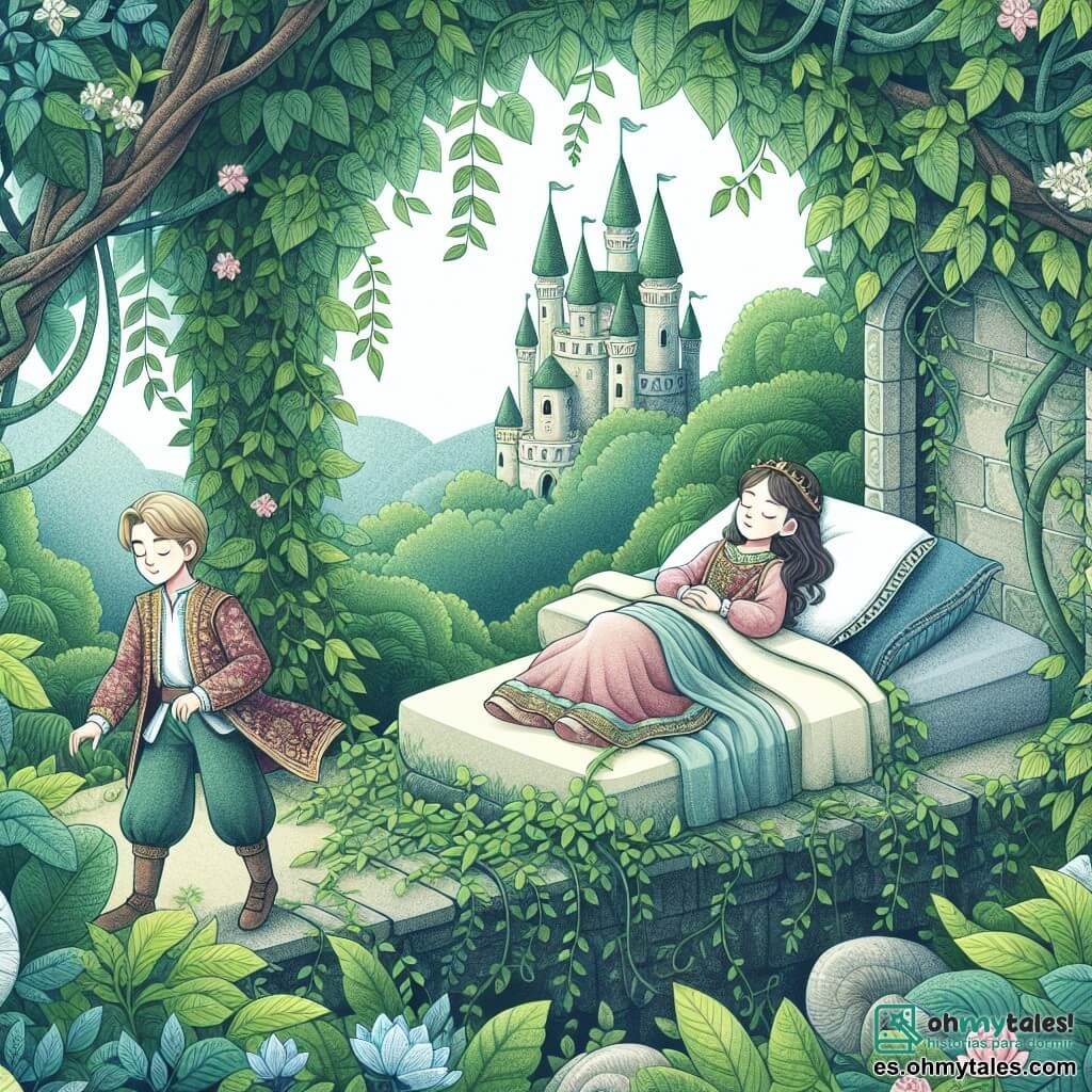 Une illustration destinée aux enfants représentant une belle jeune fille endormie dans un château recouvert de lianes, avec un vaillant prince explorant les environs, entourés d'une nature luxuriante et enchantée.
