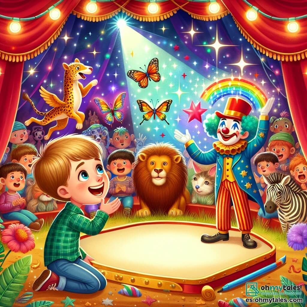 Une illustration destinée aux enfants représentant un jeune garçon émerveillé par un cirque étincelant, accompagné d'un adorable clown, dans un chapiteau coloré rempli d'animaux exotiques et de spectateurs enthousiastes.