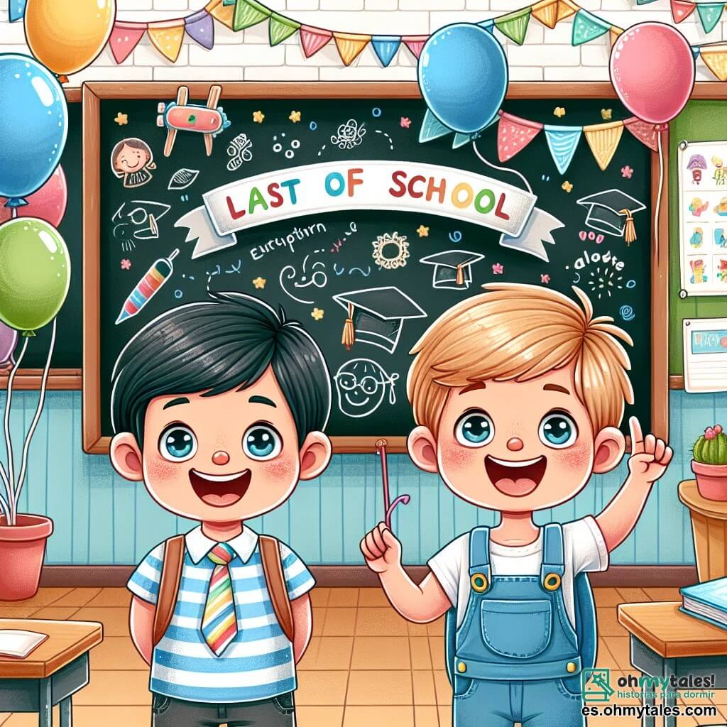 Une illustration destinée aux enfants représentant un jeune garçon plein d'enthousiasme, le dernier jour d'école avant les vacances d'été, accompagné de son meilleur ami, dans une salle de classe colorée remplie de ballons, de guirlandes et d'un tableau noir couvert de dessins joyeux.