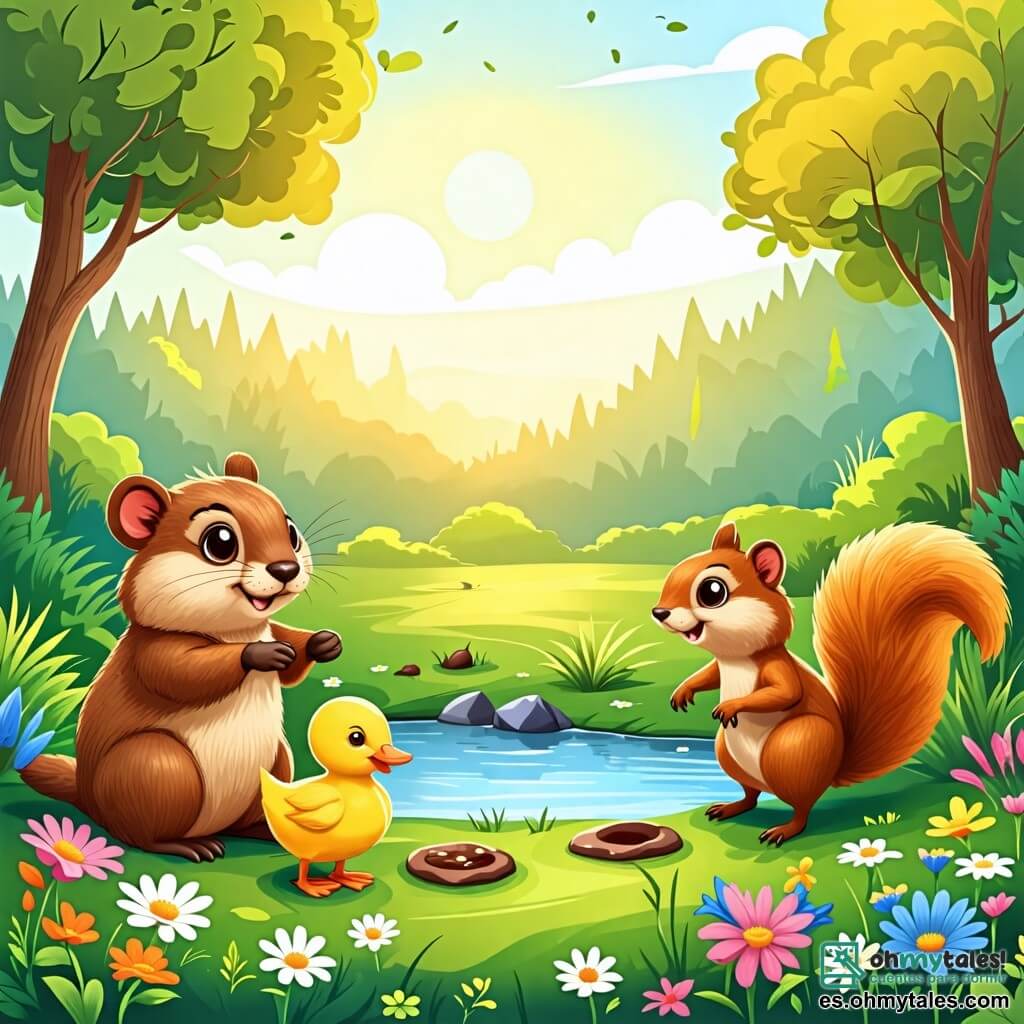 Une illustration sous forme de dessin destinée aux enfants représentant un charmant parc verdoyant avec des fleurs colorées et un petit lac, où une marmotte au pelage brun et doux, avec de grands yeux curieux, façonne des galletes de boue avec enthousiasme, tandis qu'un canard jaune aux plumes brillantes observe avec un air intrigué et une petite écureuil à la queue touffue, souriante, goûte une gallette, le tout baigné par la lumière dorée du soleil, créant une atmosphère joyeuse et ludique.