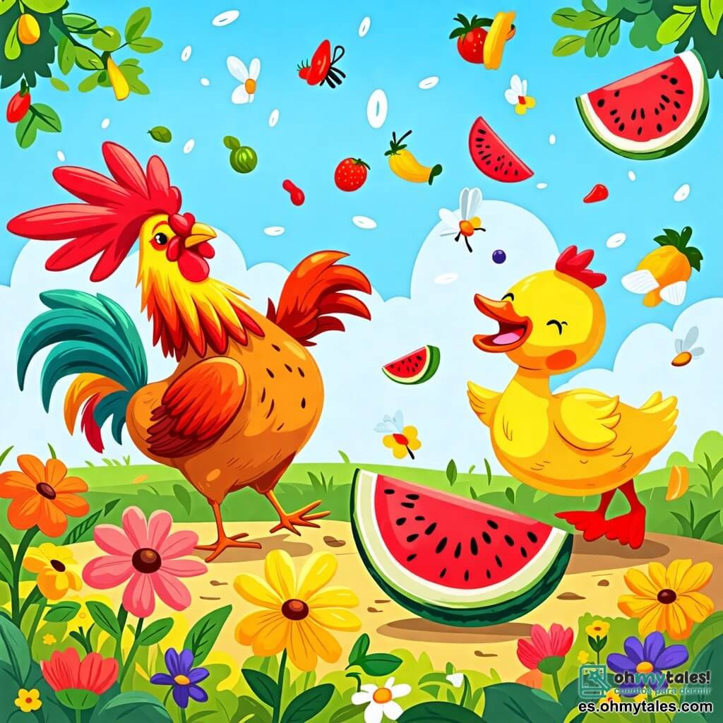 Une illustration sous forme de dessin destinée aux enfants représentant un grand barnyard coloré avec des fleurs éclatantes et un ciel bleu, où un coq aux plumes brillantes et colorées, chantant joyeusement, se tient au centre, entouré de son ami un canard aux plumes jaunes et vertes qui court en riant, tandis qu'une grande pastèque éclatée et des morceaux de fruits volent dans les airs, illustrant une scène de fête amusante et chaotique pleine de rires et d'amitié entre les animaux.