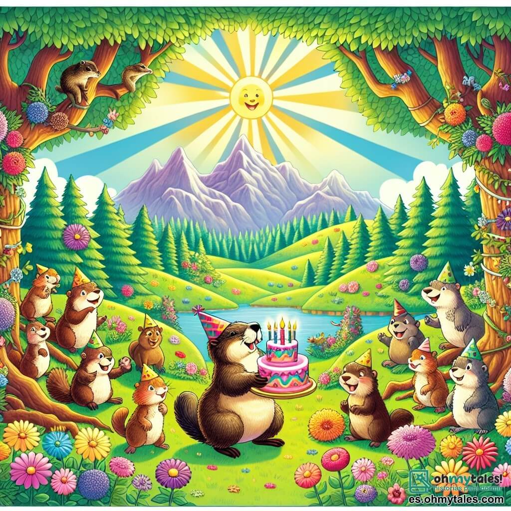 Une illustration destinée aux enfants représentant une marmotte espiègle et pleine de vie, organisant une grande fête d'anniversaire avec ses amis animaux, dans un magnifique bosquet enchanté rempli de fleurs colorées, arbres majestueux et rayons de soleil éclatants.