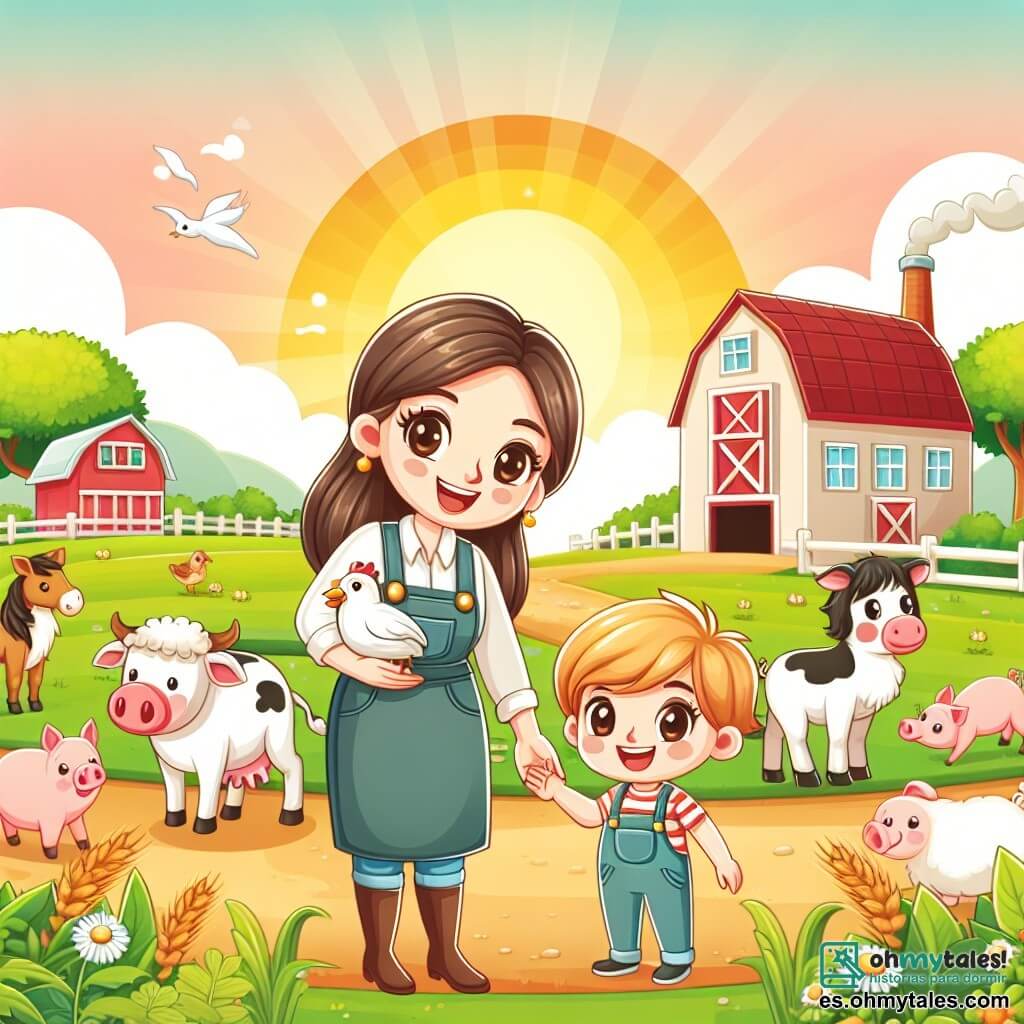 Une illustration destinée aux enfants représentant une femme passionnée par l'agriculture, accompagnée d'un enfant curieux, dans une charmante ferme entourée de champs verdoyants, animaux joyeux et un magnifique lever de soleil.